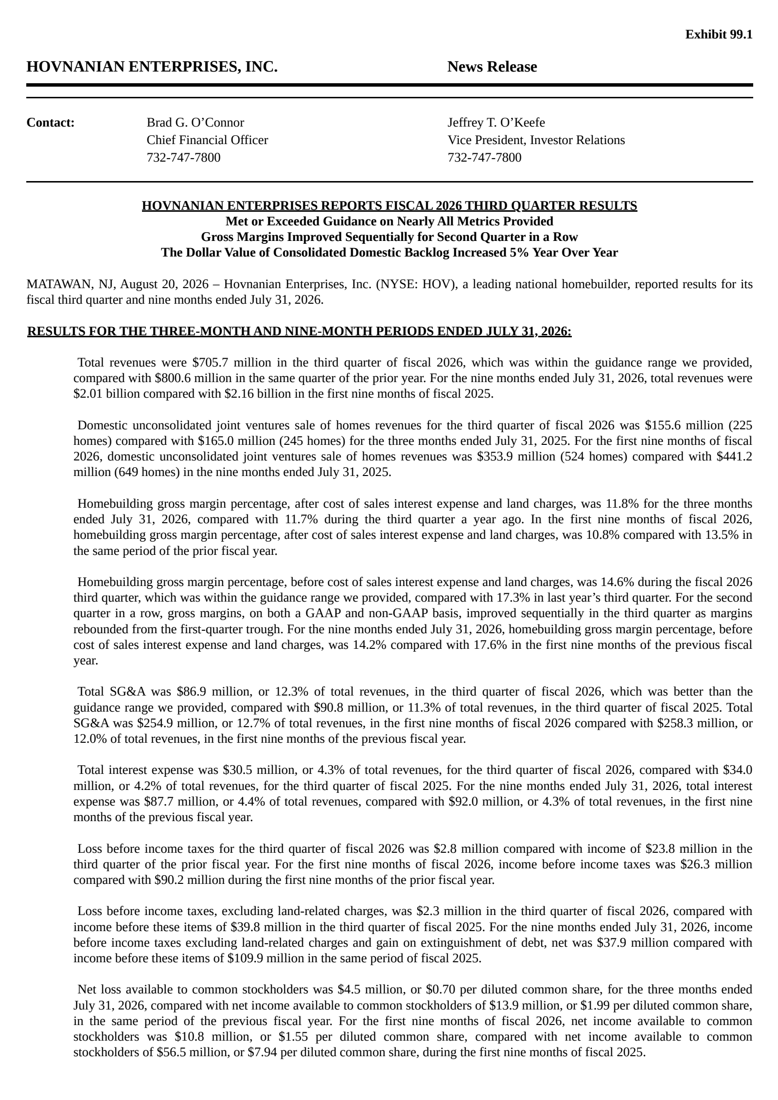 Hovnanian Enterprises' Q3 2026 Press Release