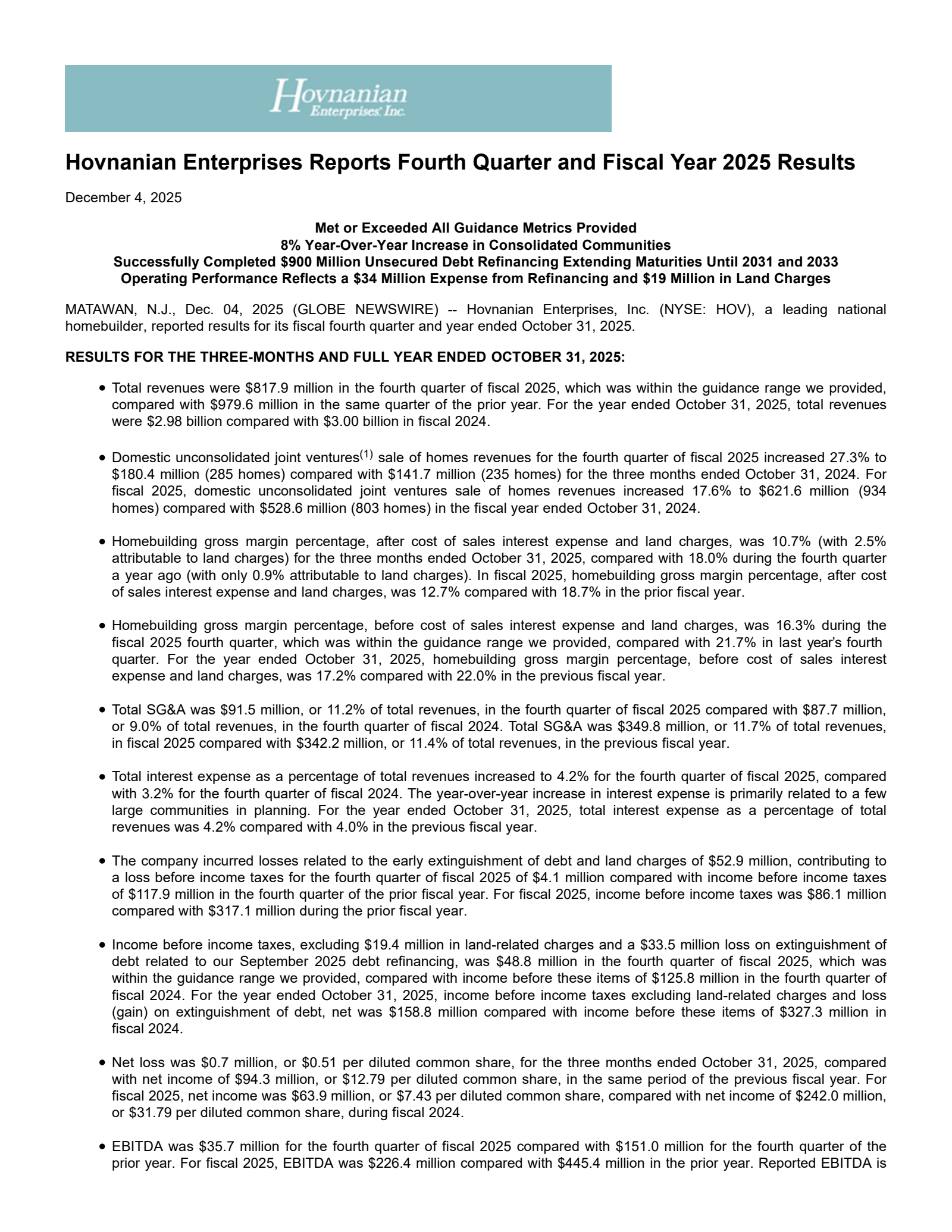 Hovnanian Enterprises' Q4 2025 Earnings Release