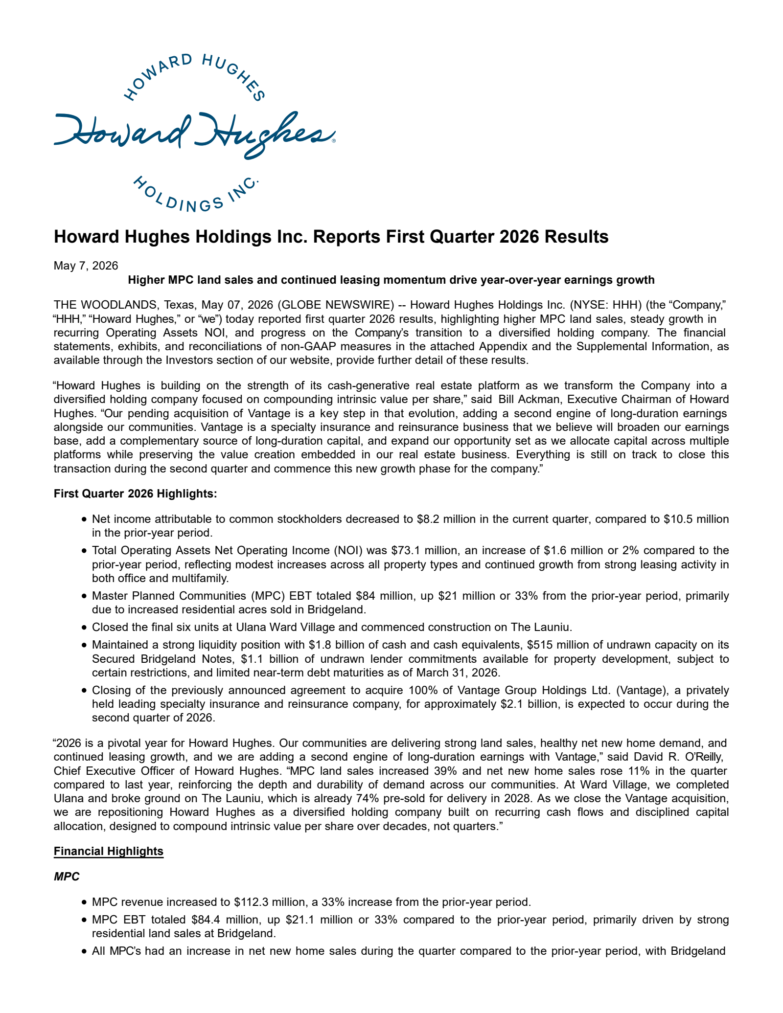 Howard Hughes' Q1 2026 Press Release