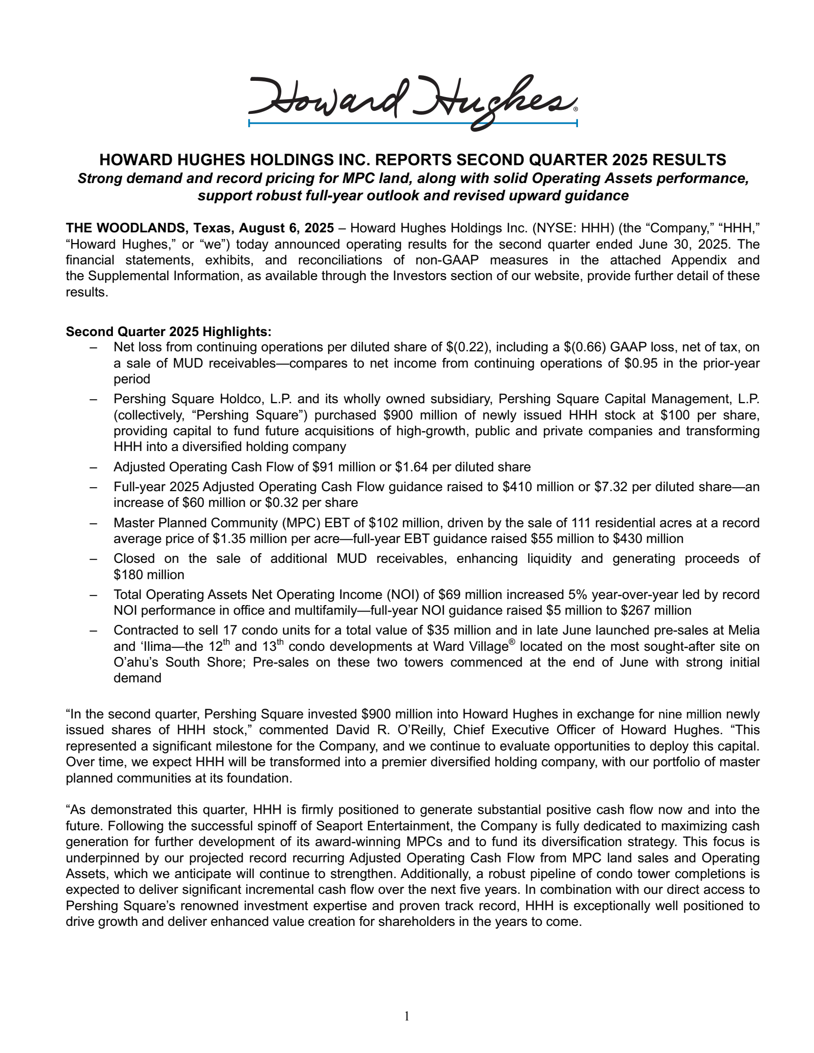 Howard Hughes' Q2 2025 Press Release