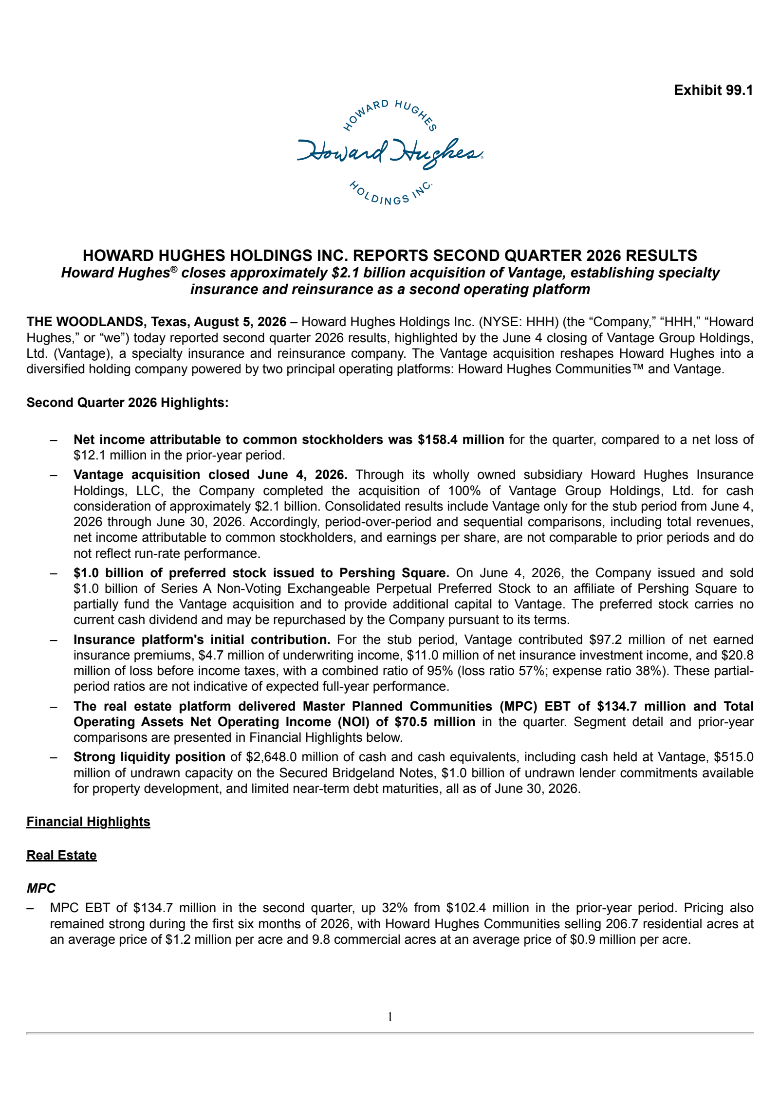 Howard Hughes' Q2 2026 Press Release