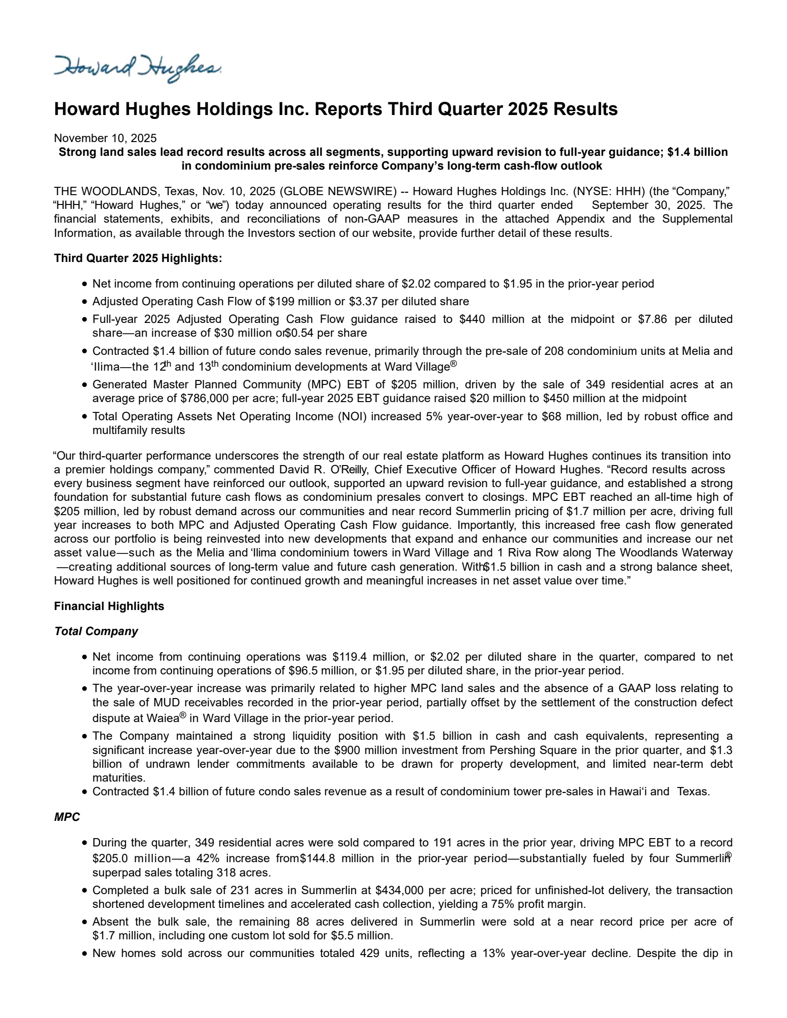 Howard Hughes' Q3 2025 Earnings Release