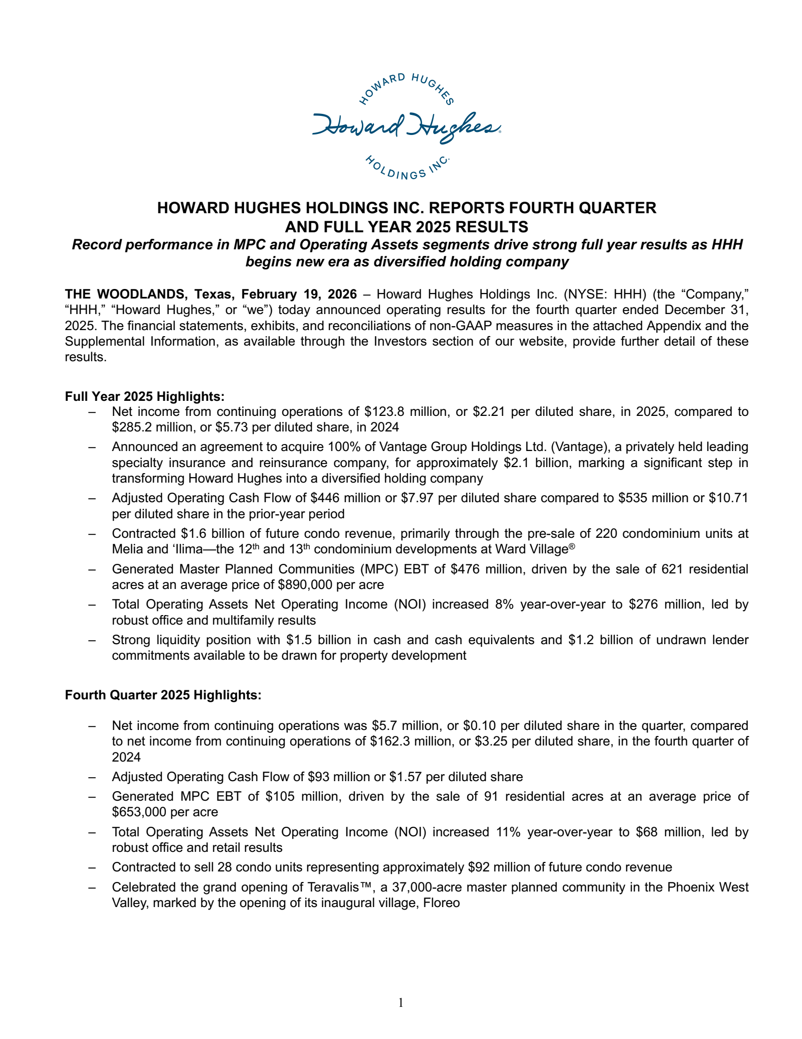 Howard Hughes' Q4 2025 Press Release