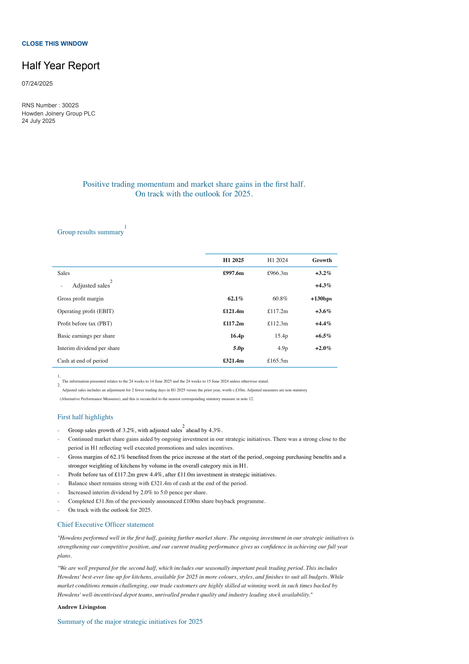 Howden Joinery Group's H1 2025 Interim report
