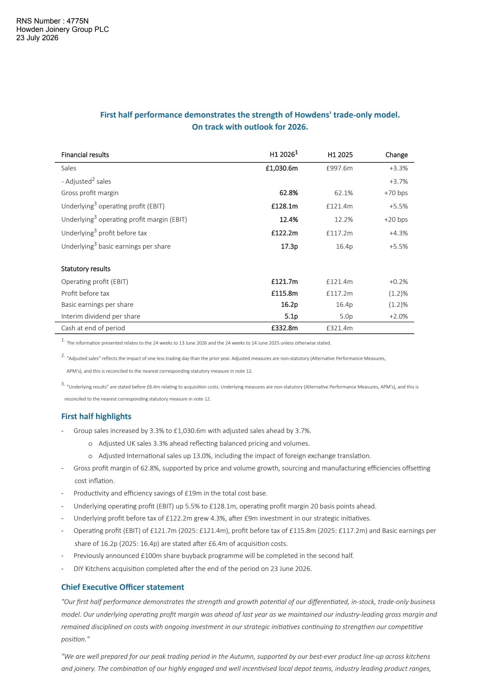 Howden Joinery Group's H1 2026 Interim report