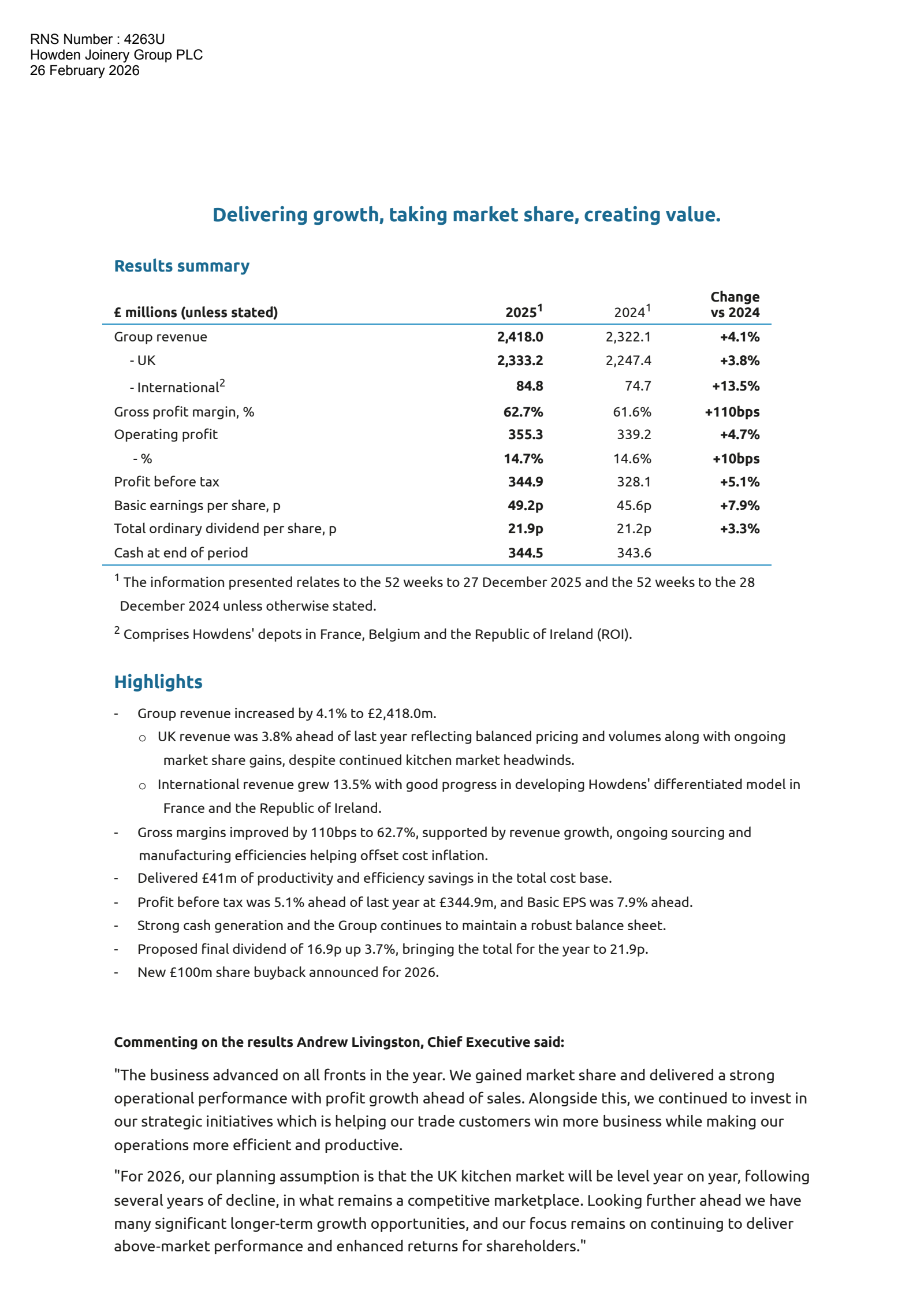 Howden Joinery Group's H2 2025 Interim report