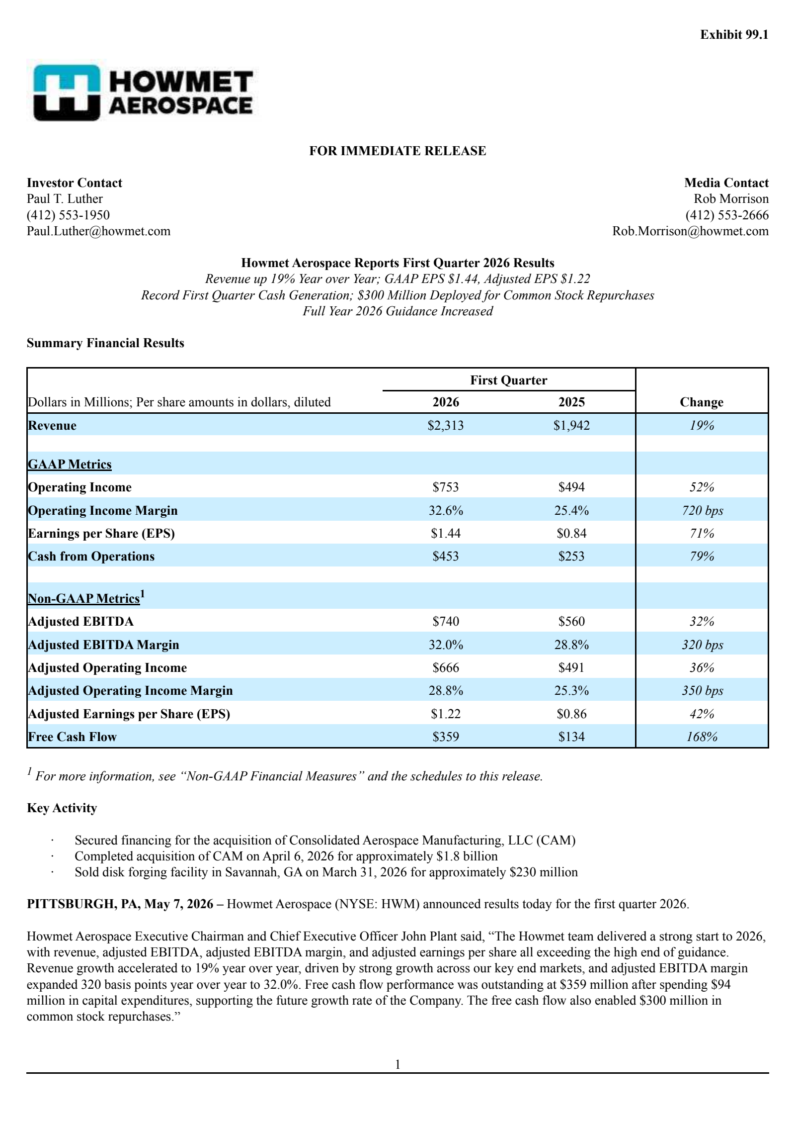 Howmet Aerospace's Q1 2026 Press Release