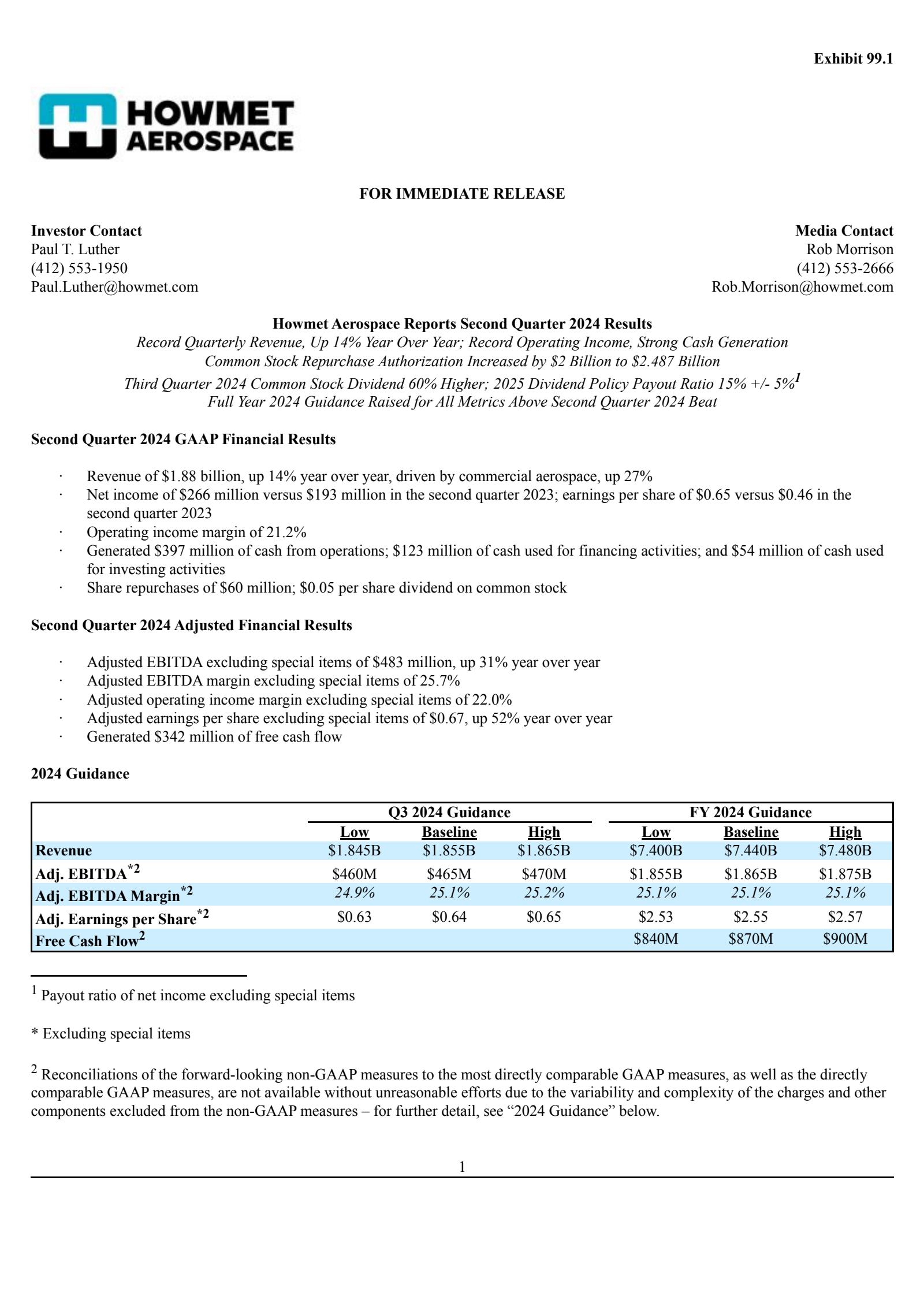 Howmet Aerospace's Q2 2024 Press Release