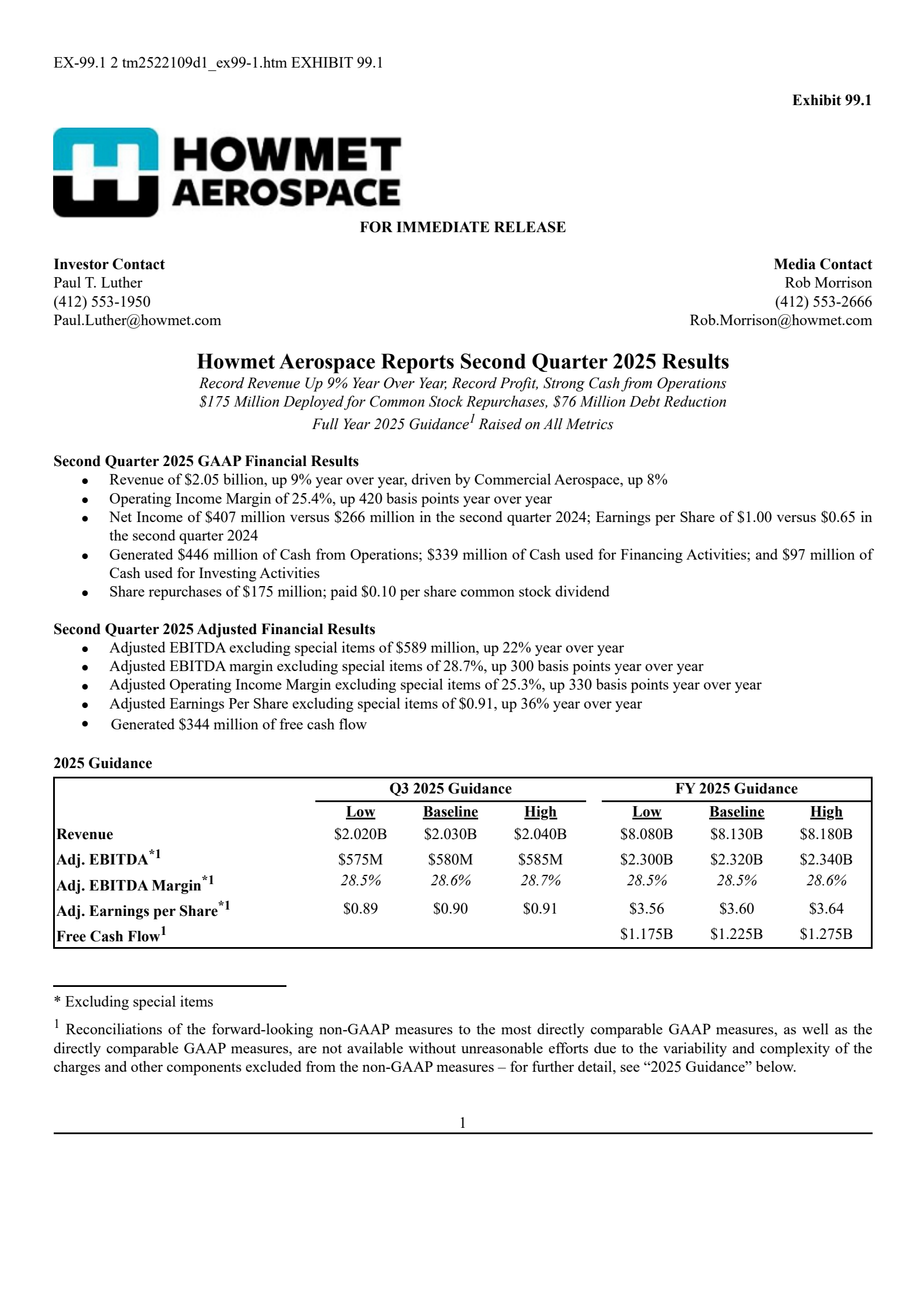 Howmet Aerospace's Q2 2025 Press Release