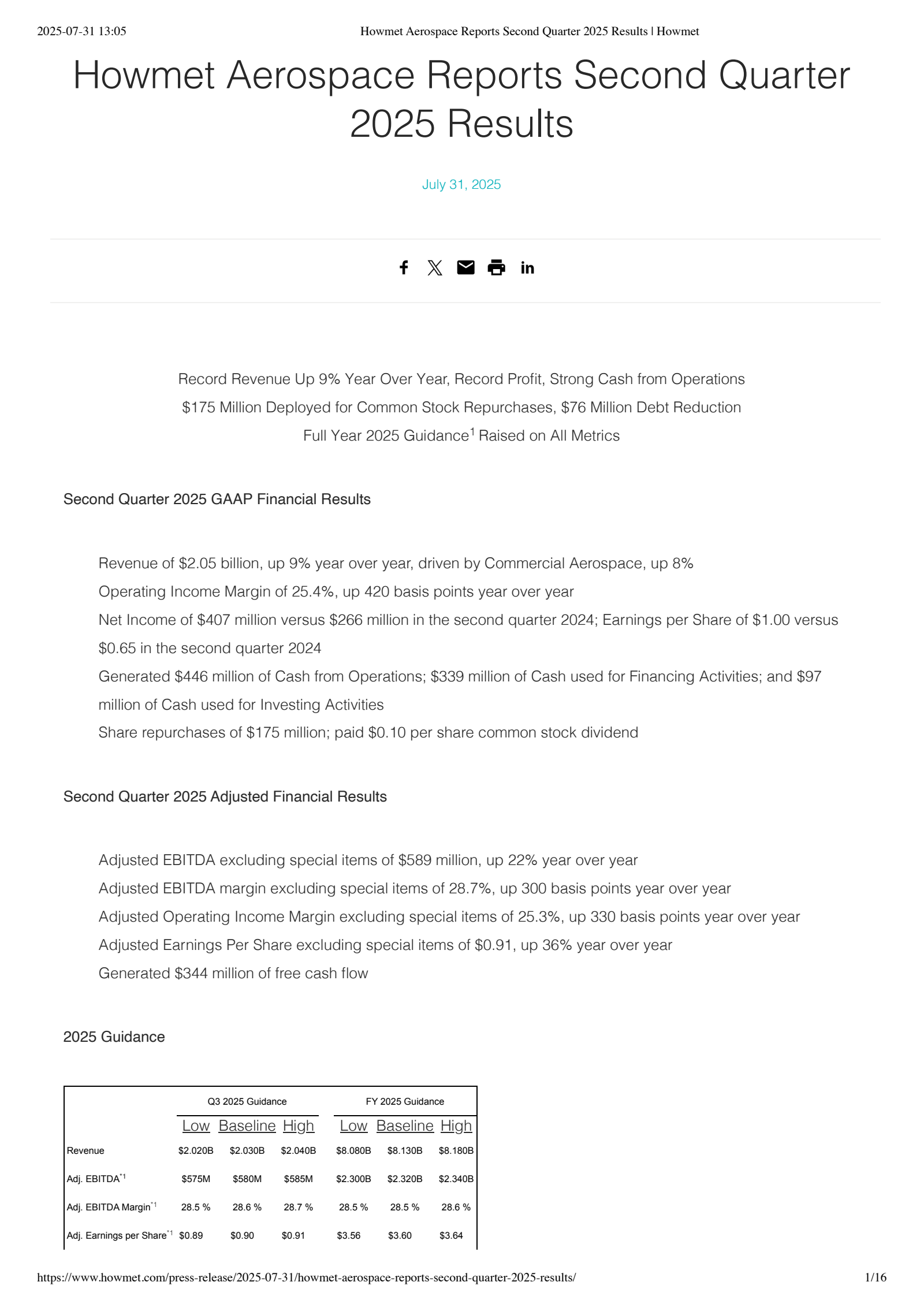 Howmet Aerospace's Q2 2025 Press Release