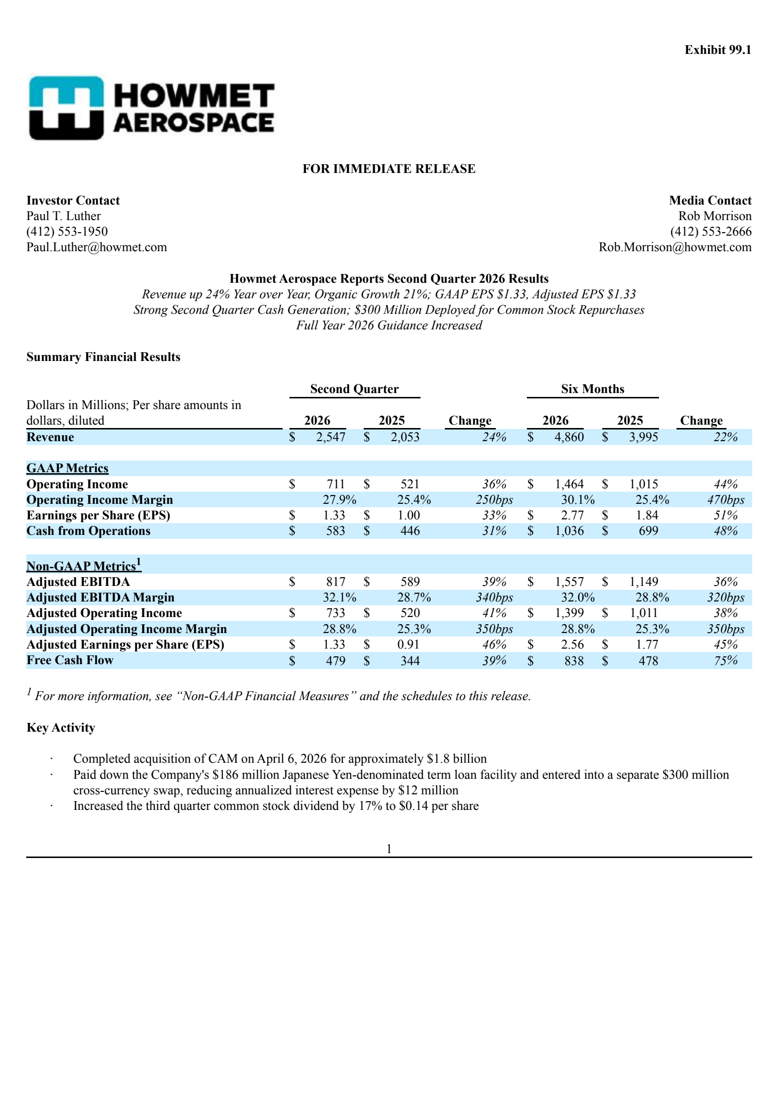Howmet Aerospace's Q2 2026 Press Release
