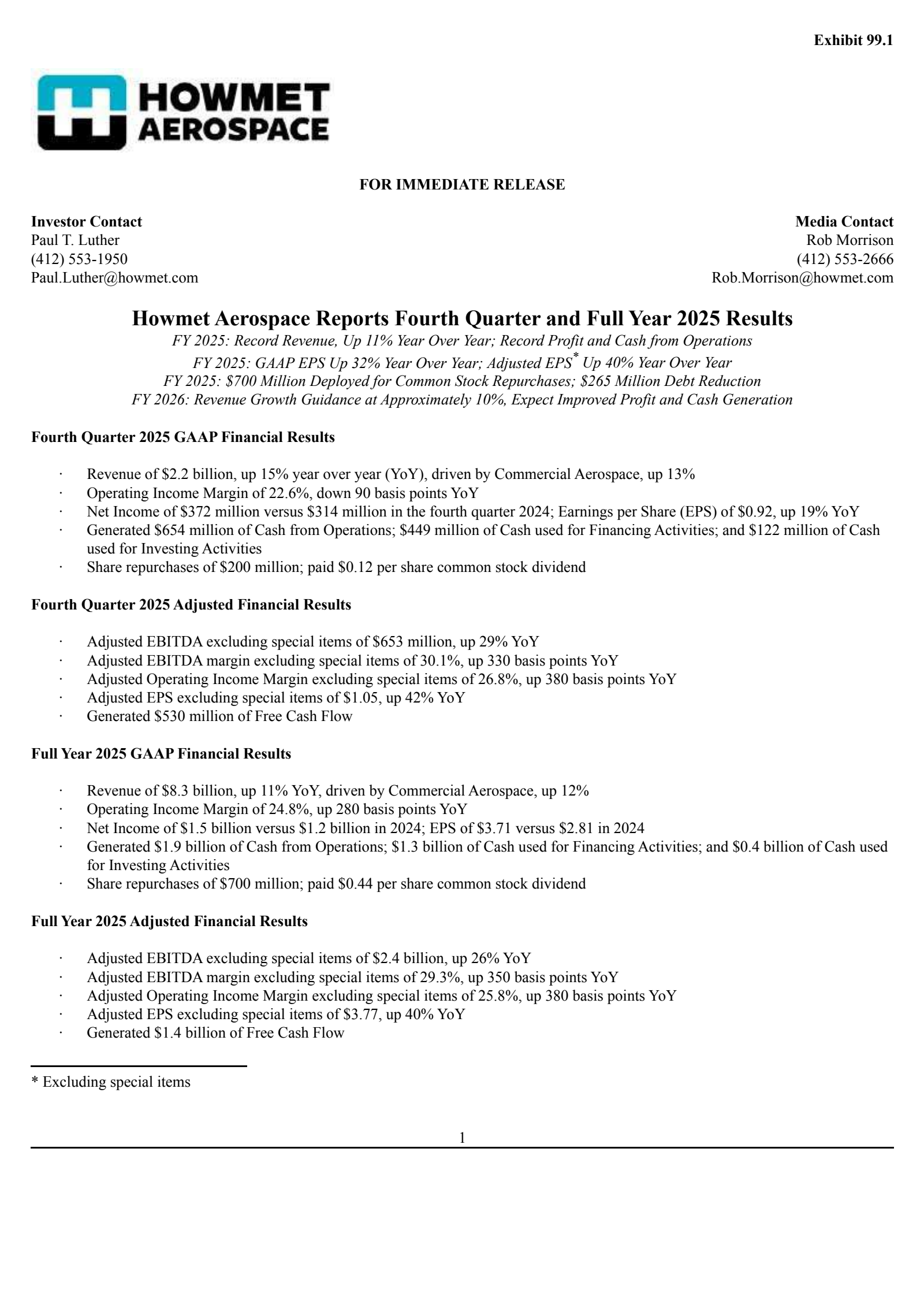 Howmet Aerospace's Q4 2025 Press Release