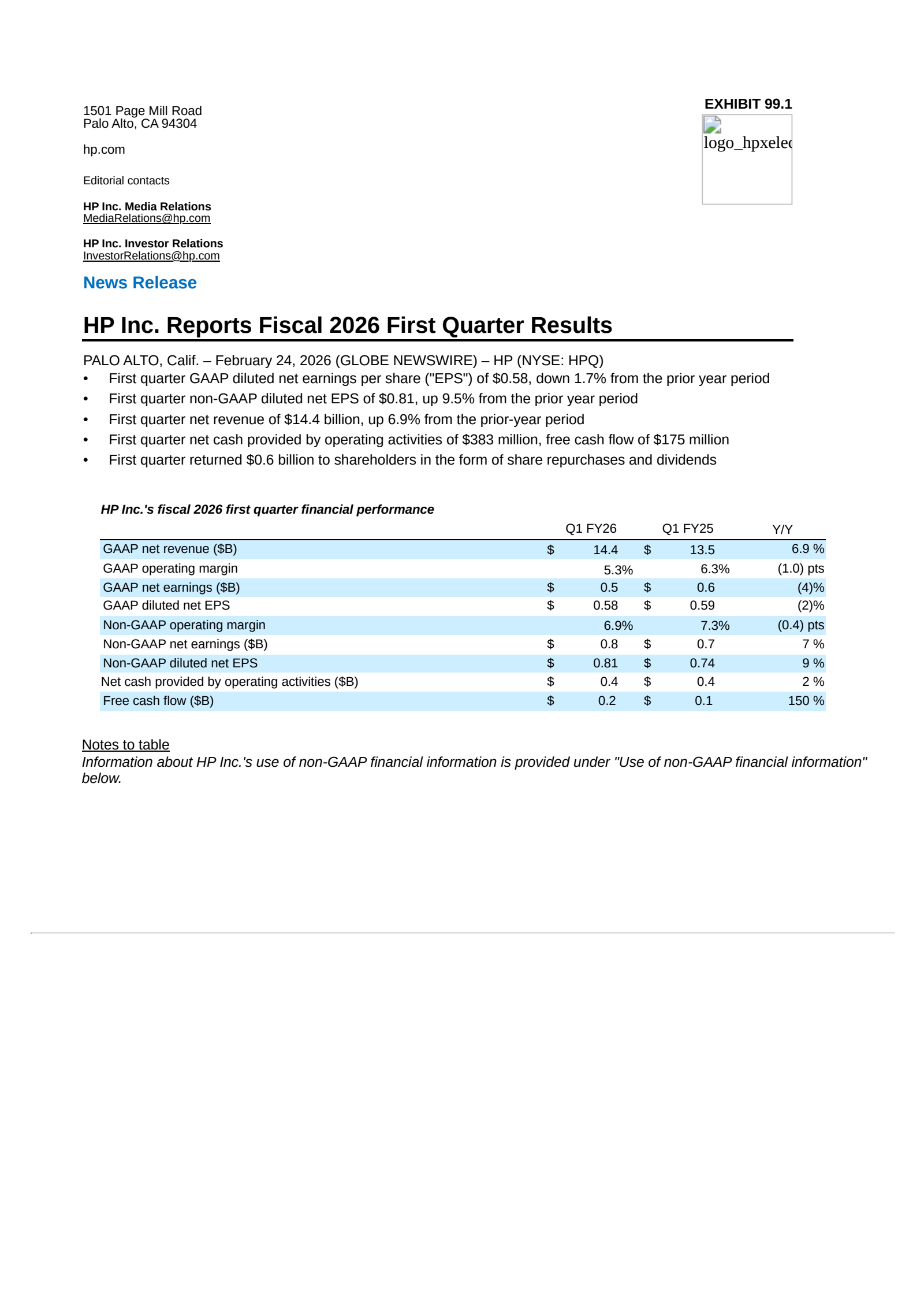 HP's Q1 2026 Press Release
