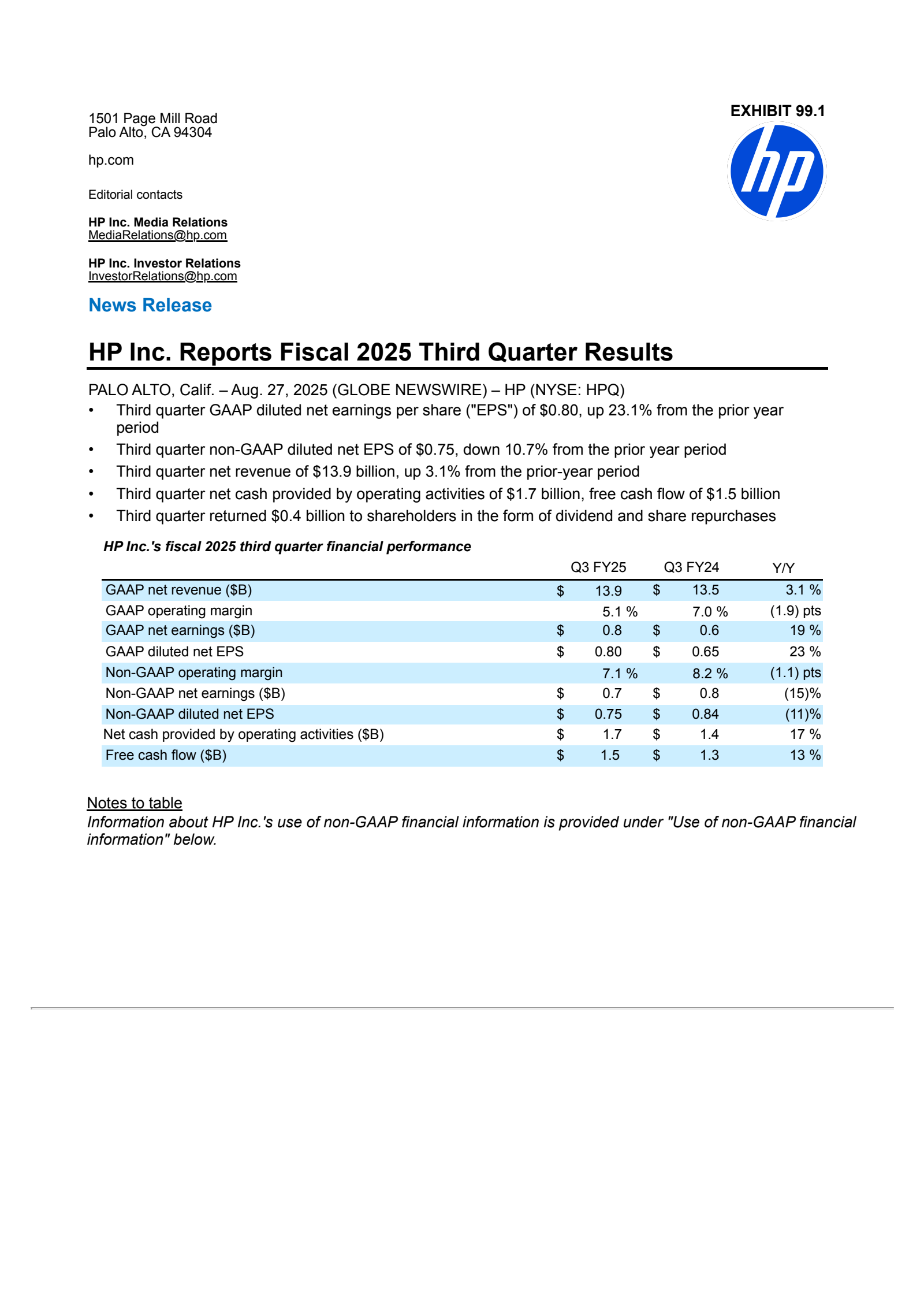 HP's Q3 2025 Press Release