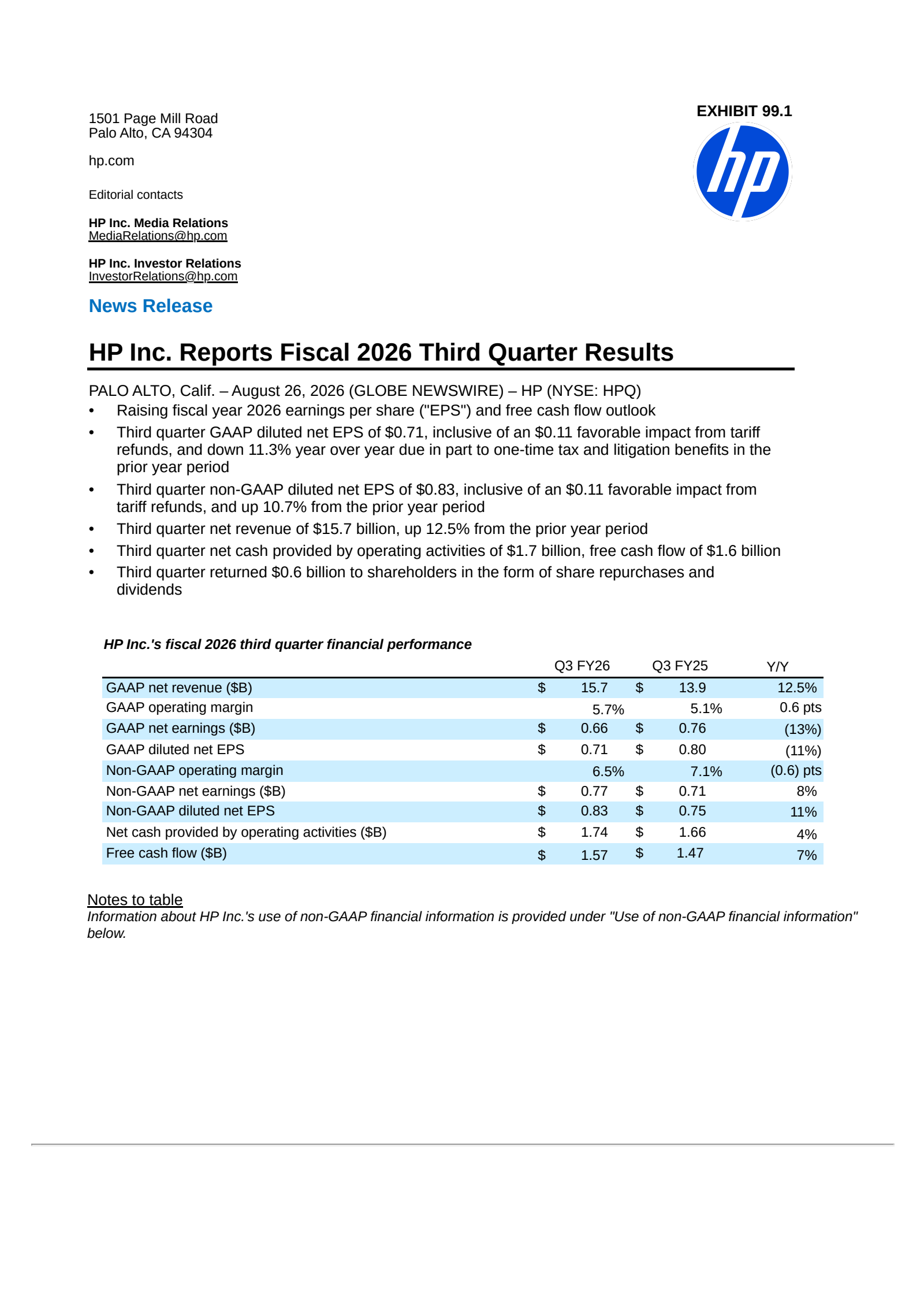 HP's Q3 2026 Press Release
