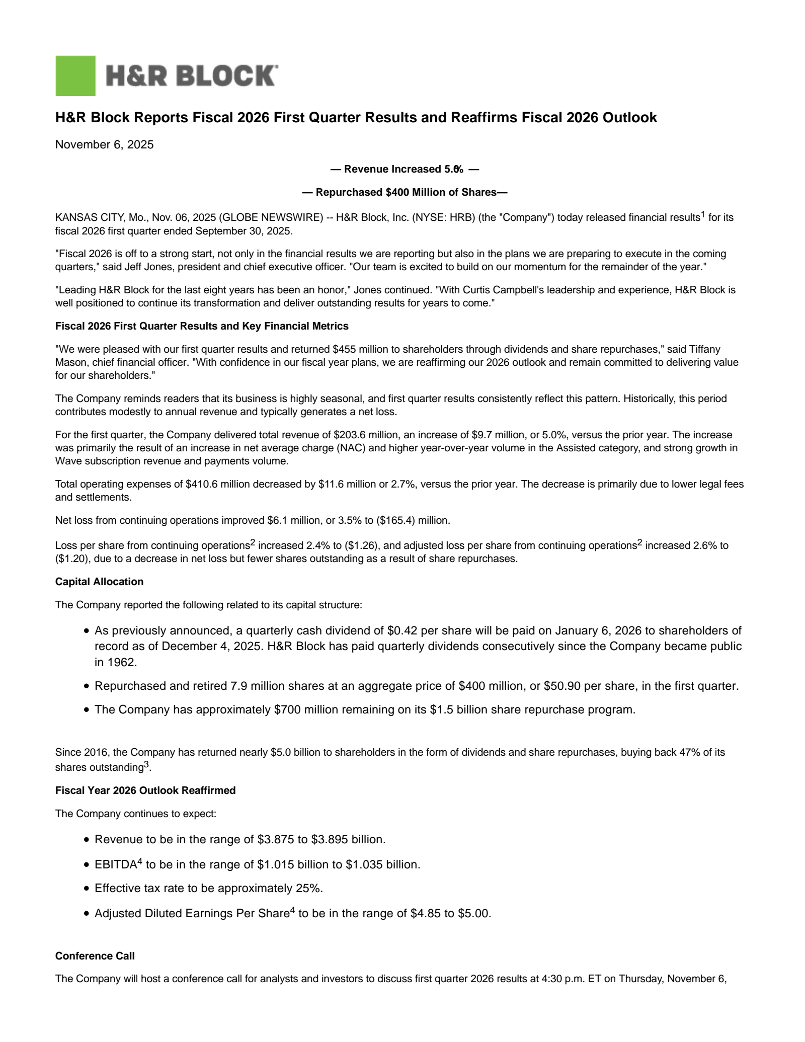 H&R Block's Q1 2026 Earnings Release