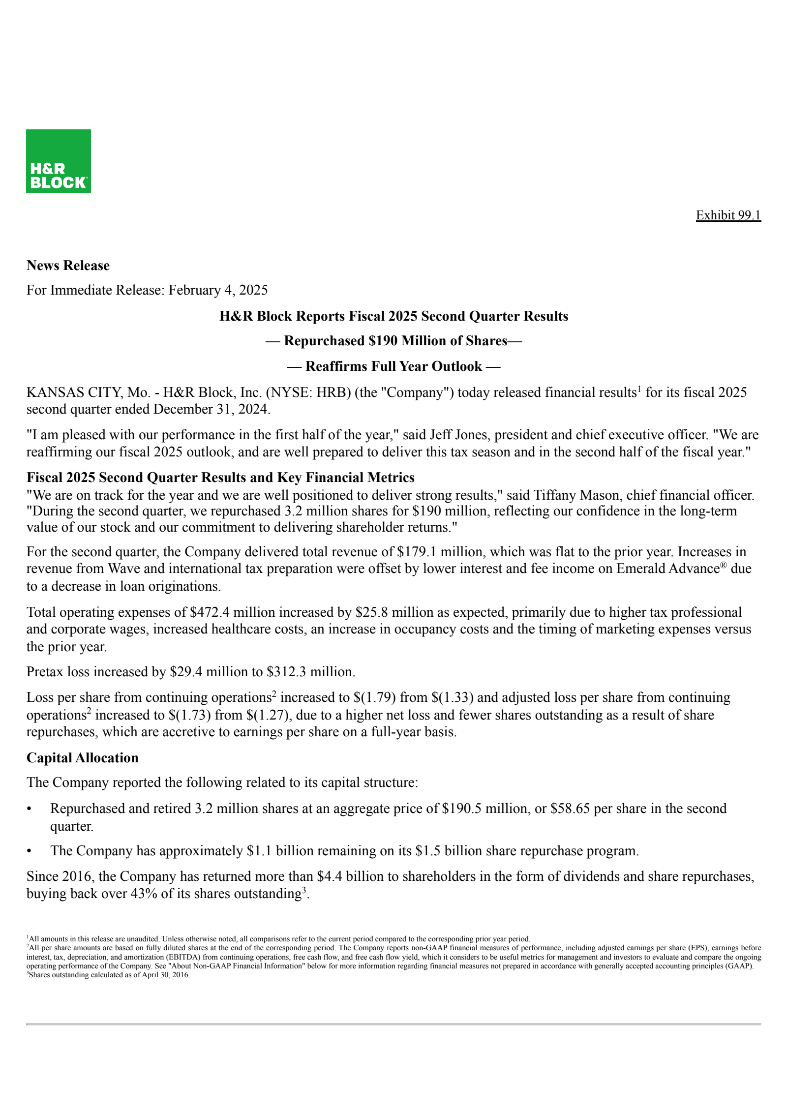 H&R Block's Q2 2025 Press Release