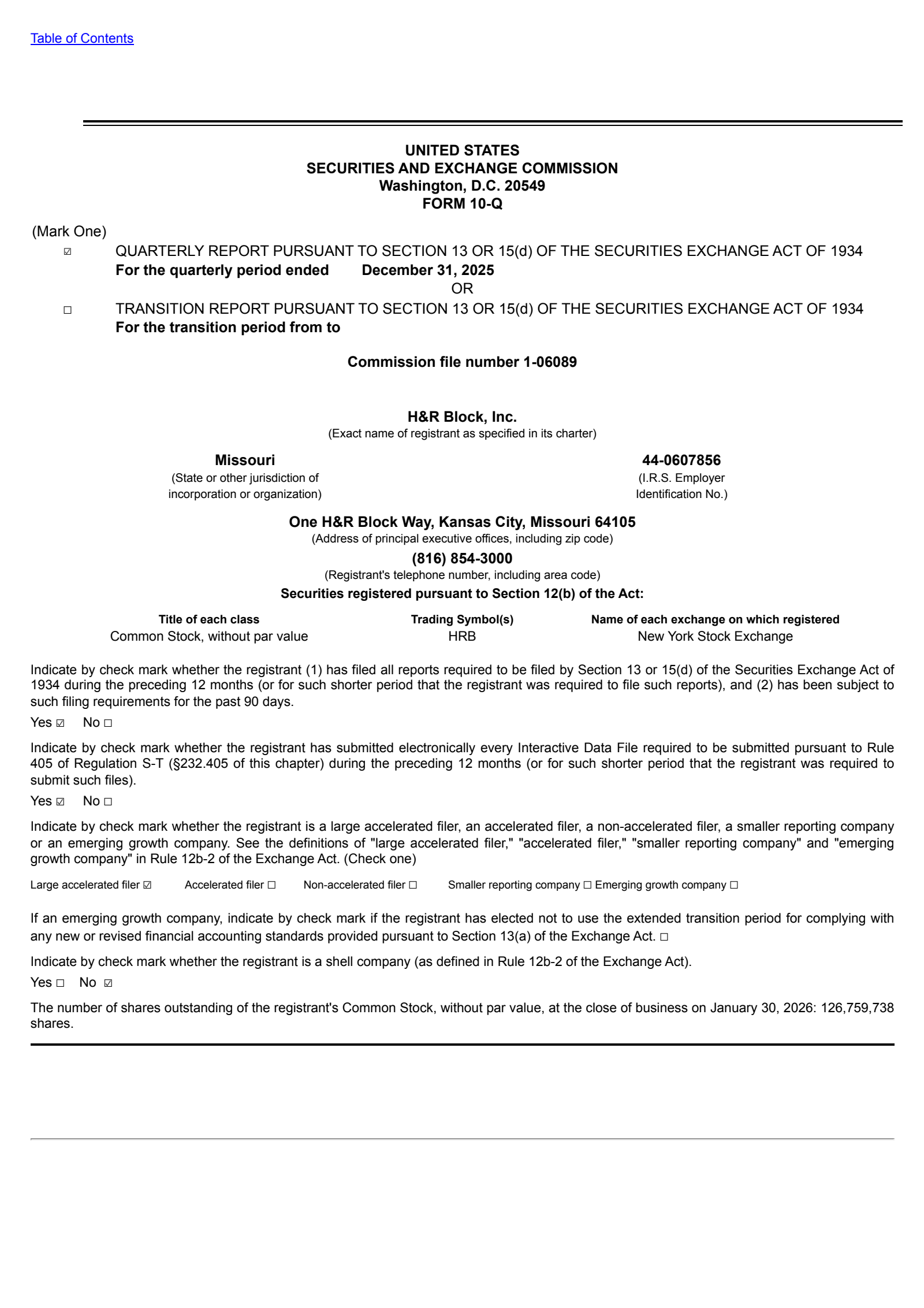 H&R Block's Q2 2026 Quarterly report