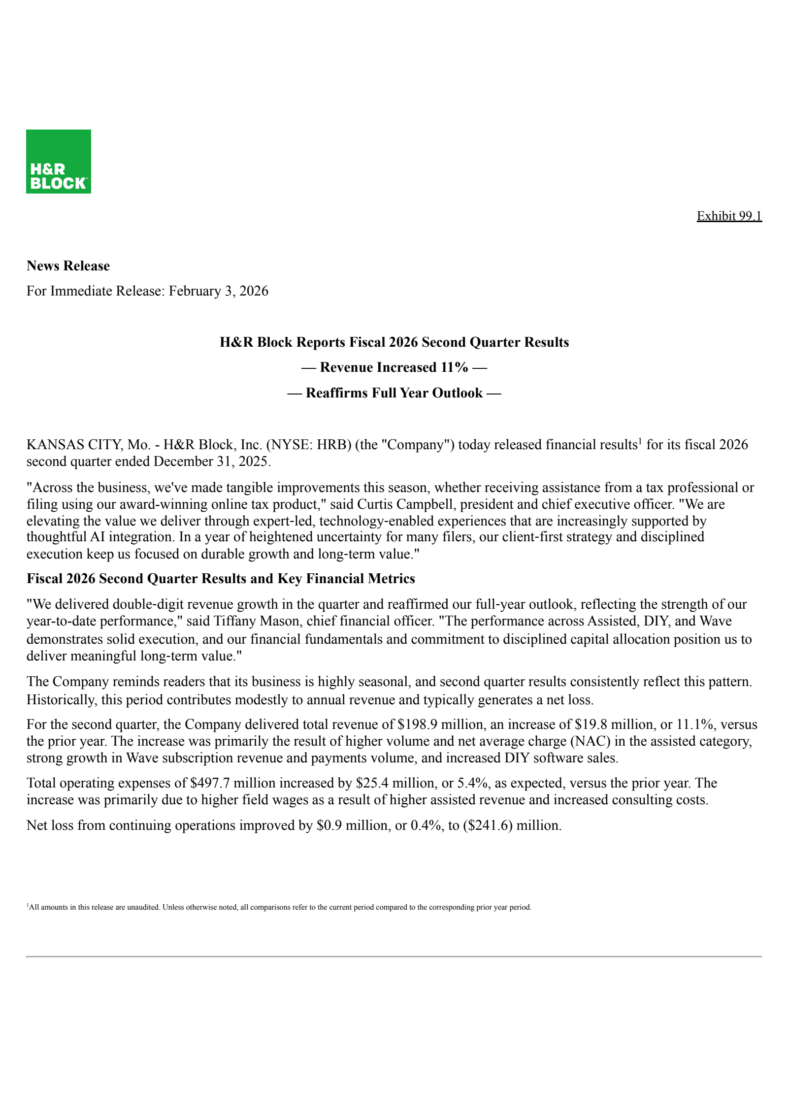 H&R Block's Q2 2026 Press Release