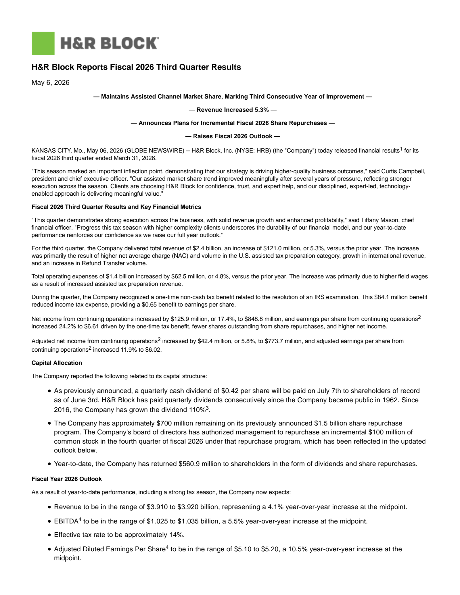 H&R Block's Q3 2026 Press Release
