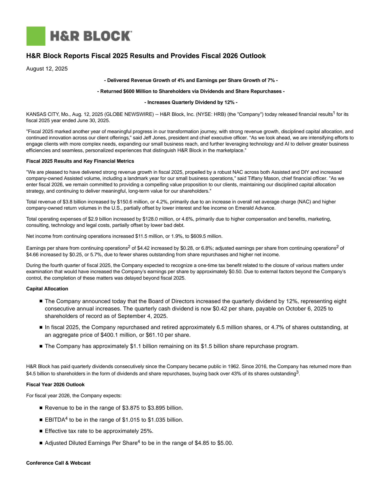 HRB Q4 2025 Earnings Report on 8/12/2025