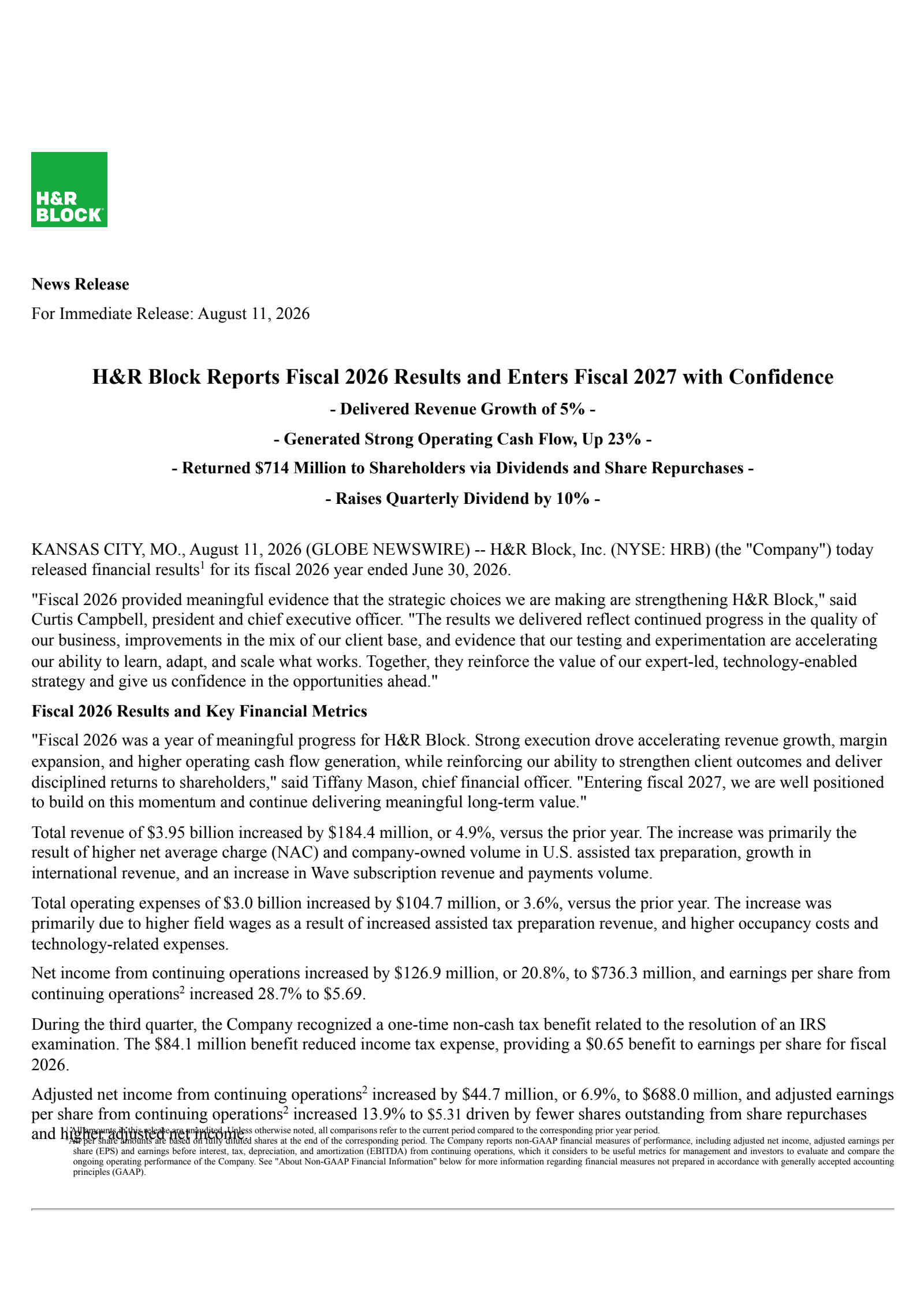 H&R Block's Q4 2026 Press Release