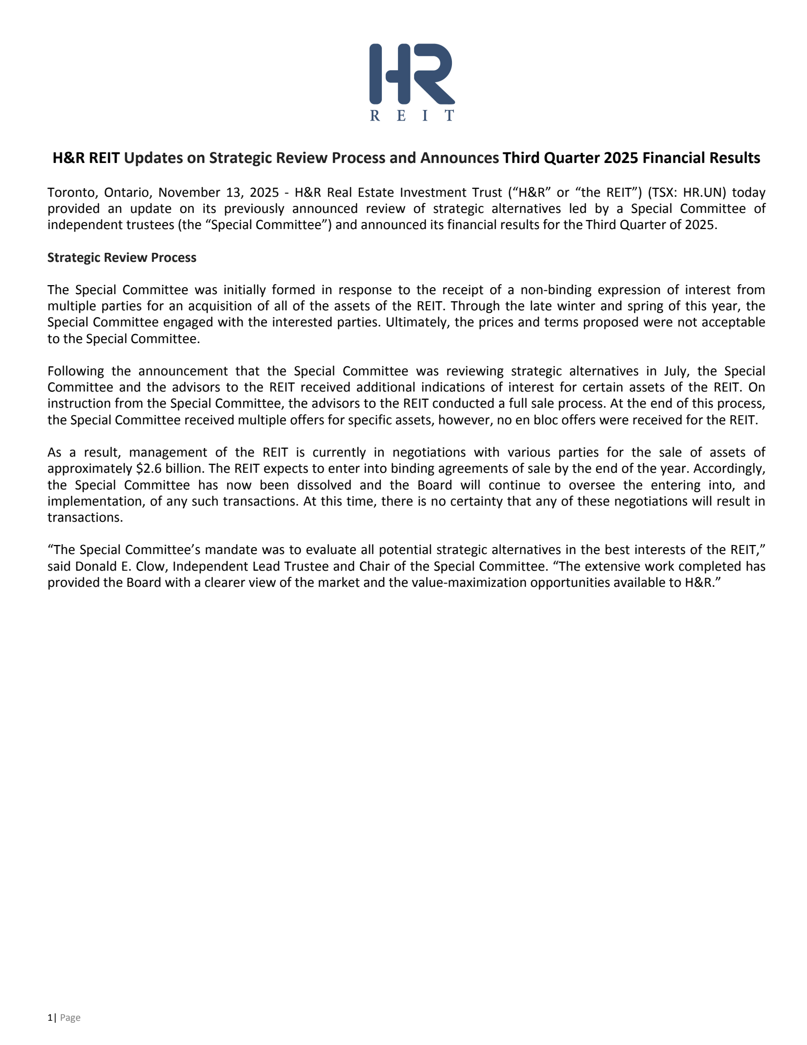 H&R Real Estate Investment Trust's Q3 2025 Earnings Release