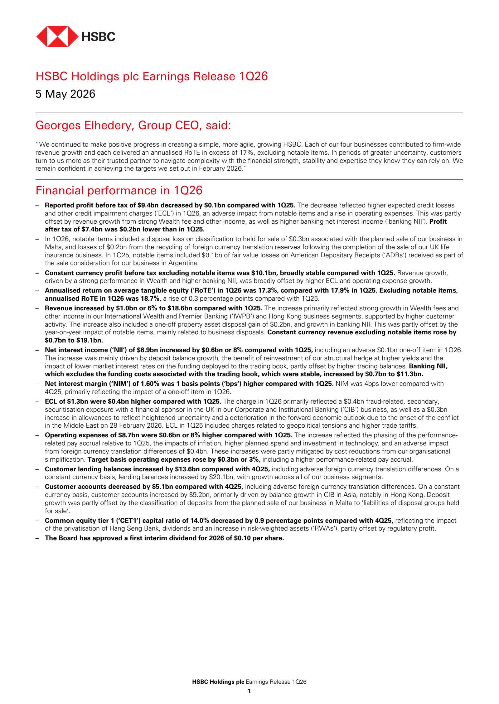 HSBC's Q1 2026 Interim report