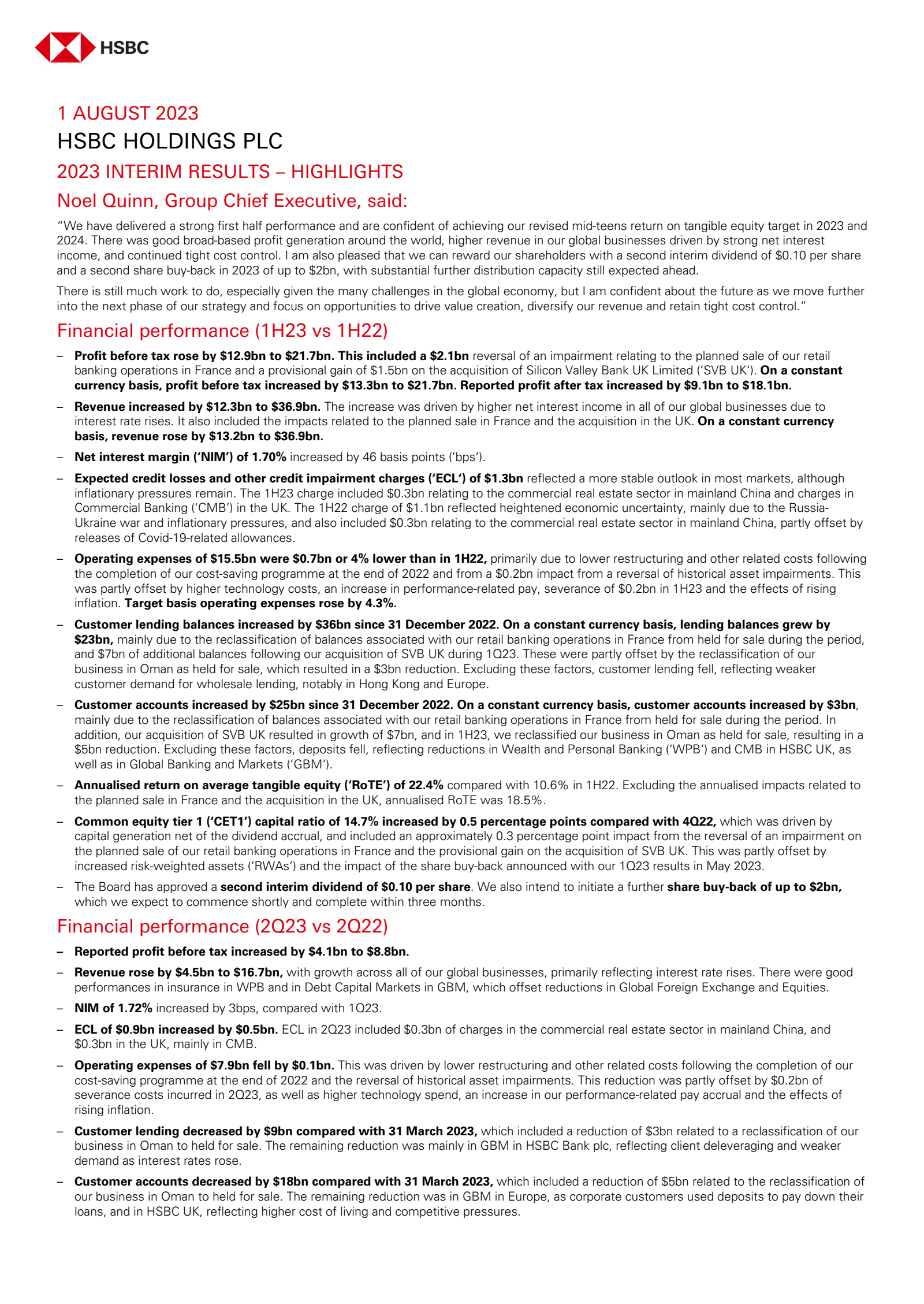HSBC Q2 2023 Earnings Report on 8/1/2023