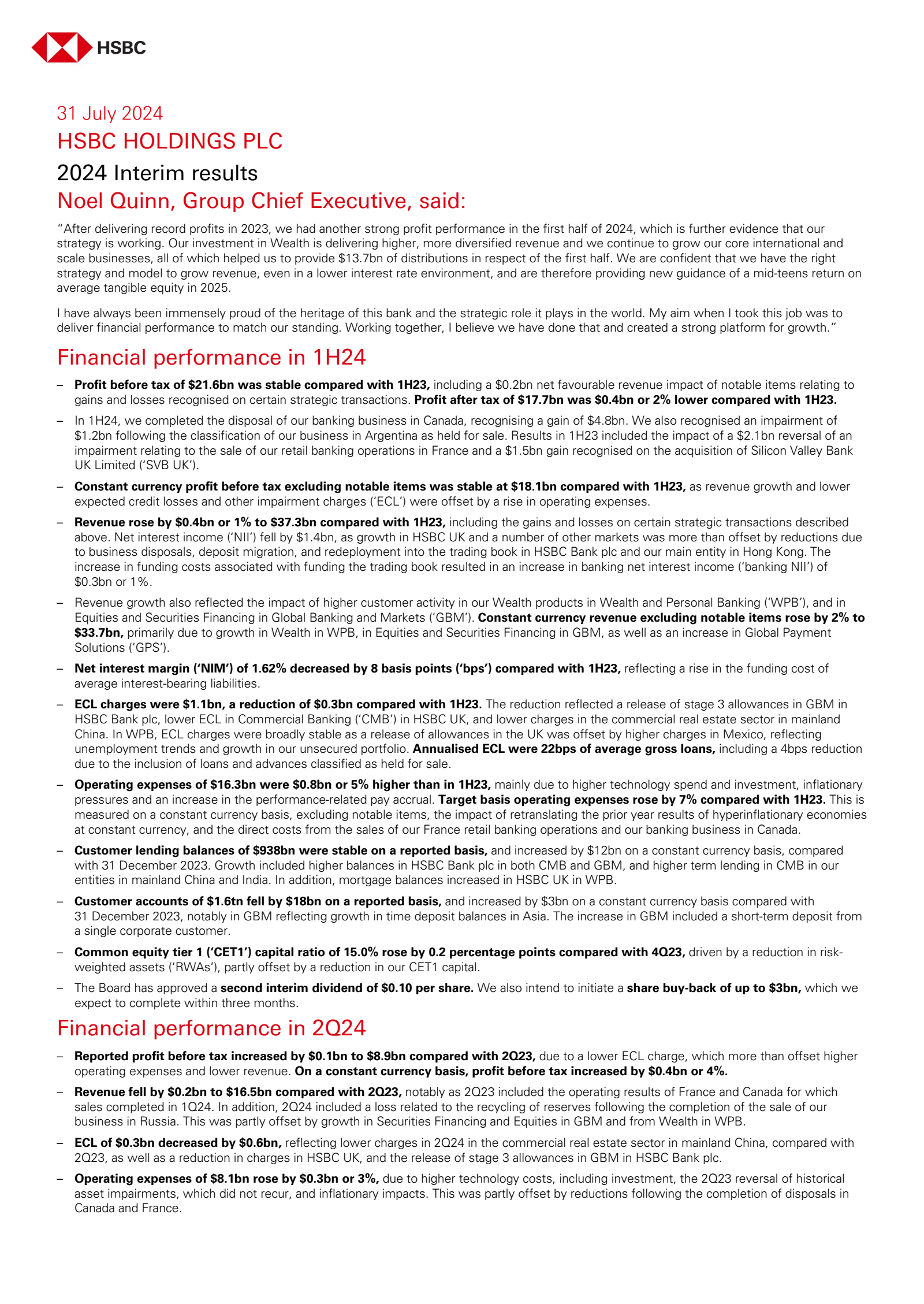HSBC's Q2 2024 Earnings Release