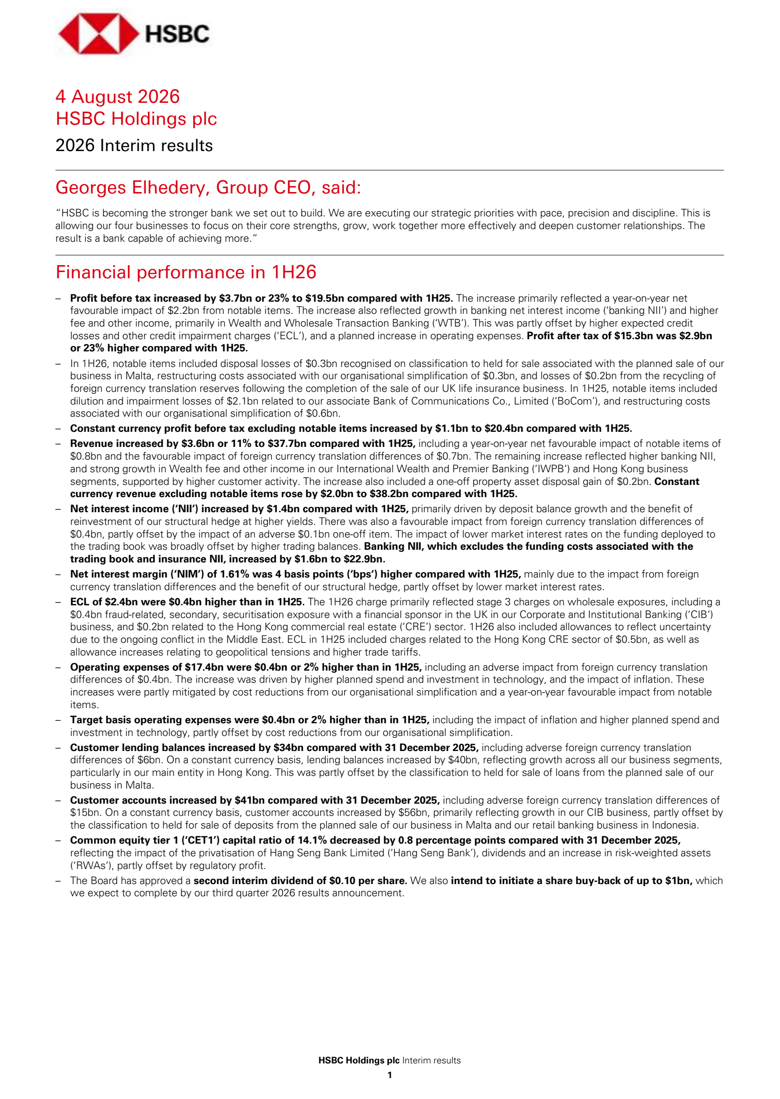 HSBC's Q2 2026 Press Release