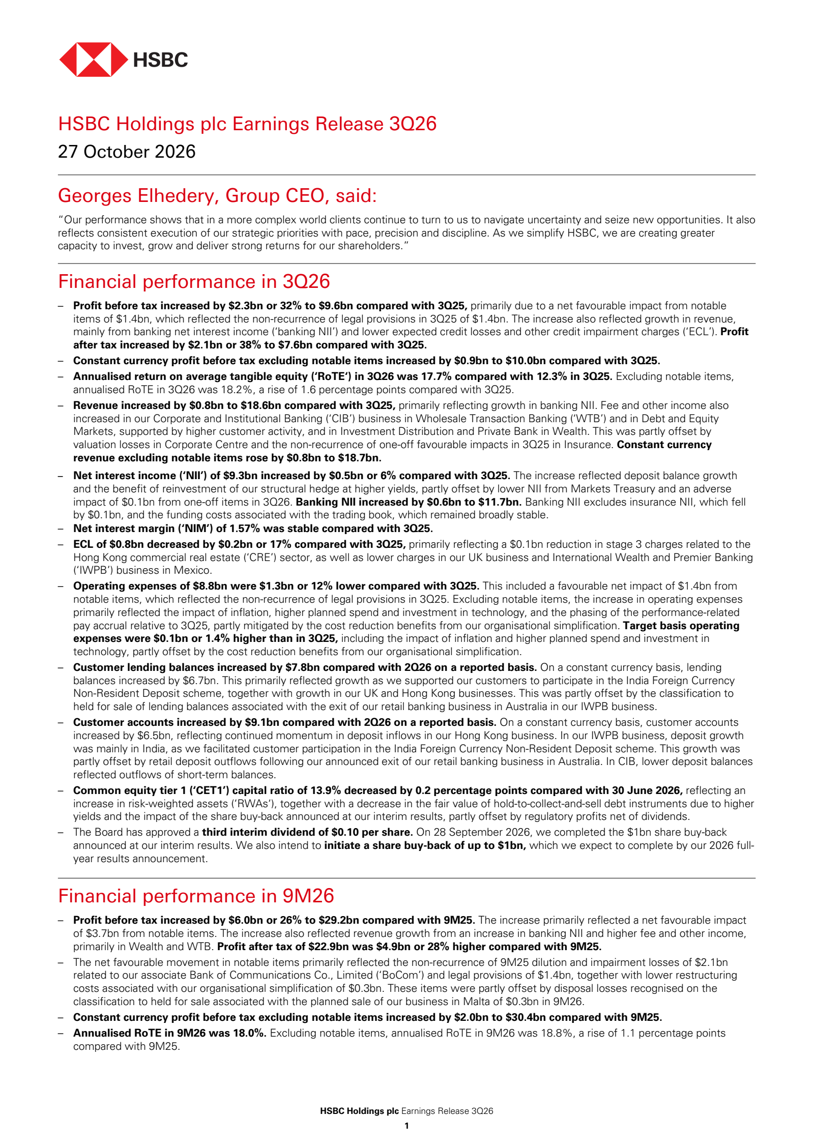 HSBC's Q3 2026 Press Release