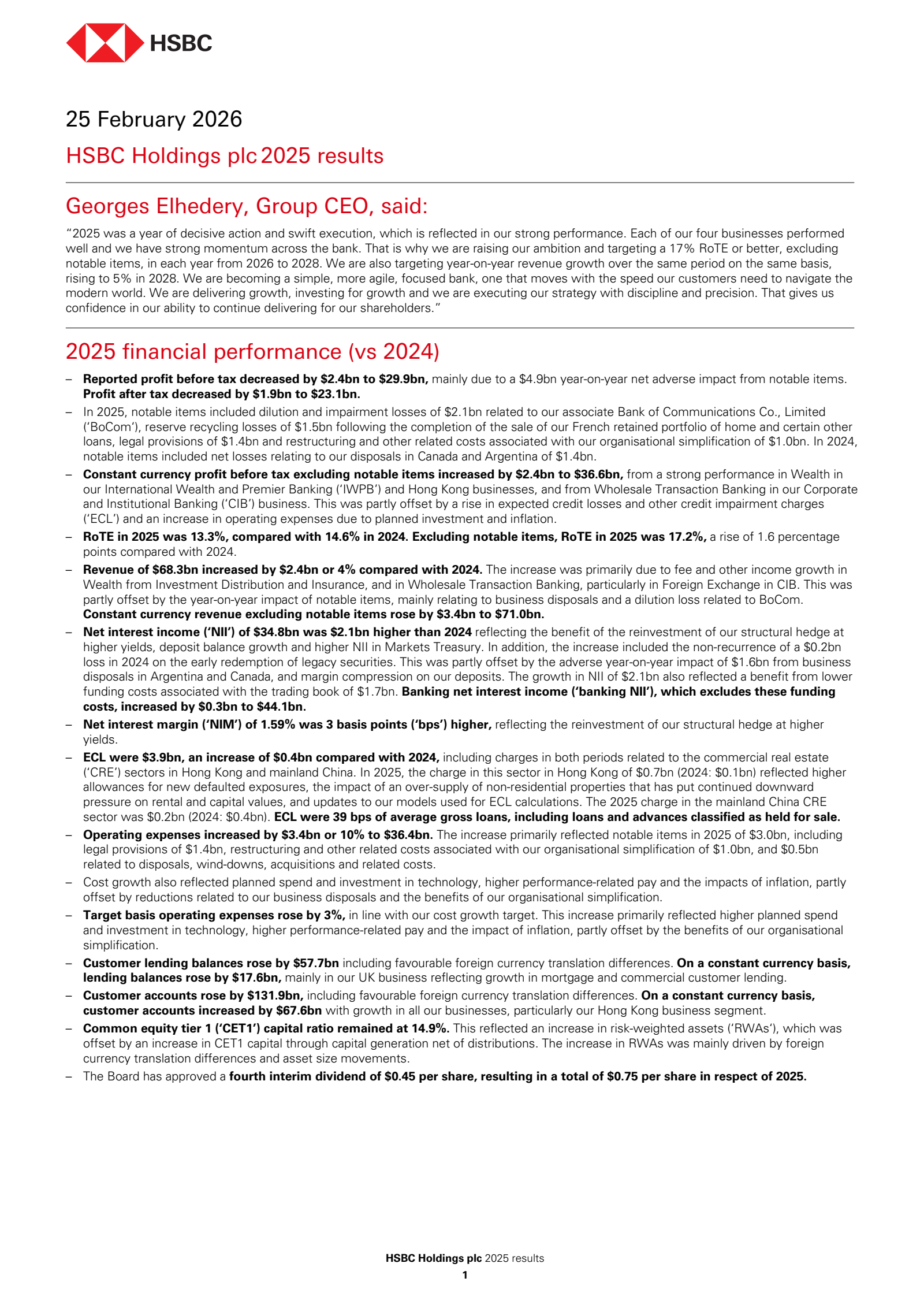HSBC's Q4 2025 Press Release