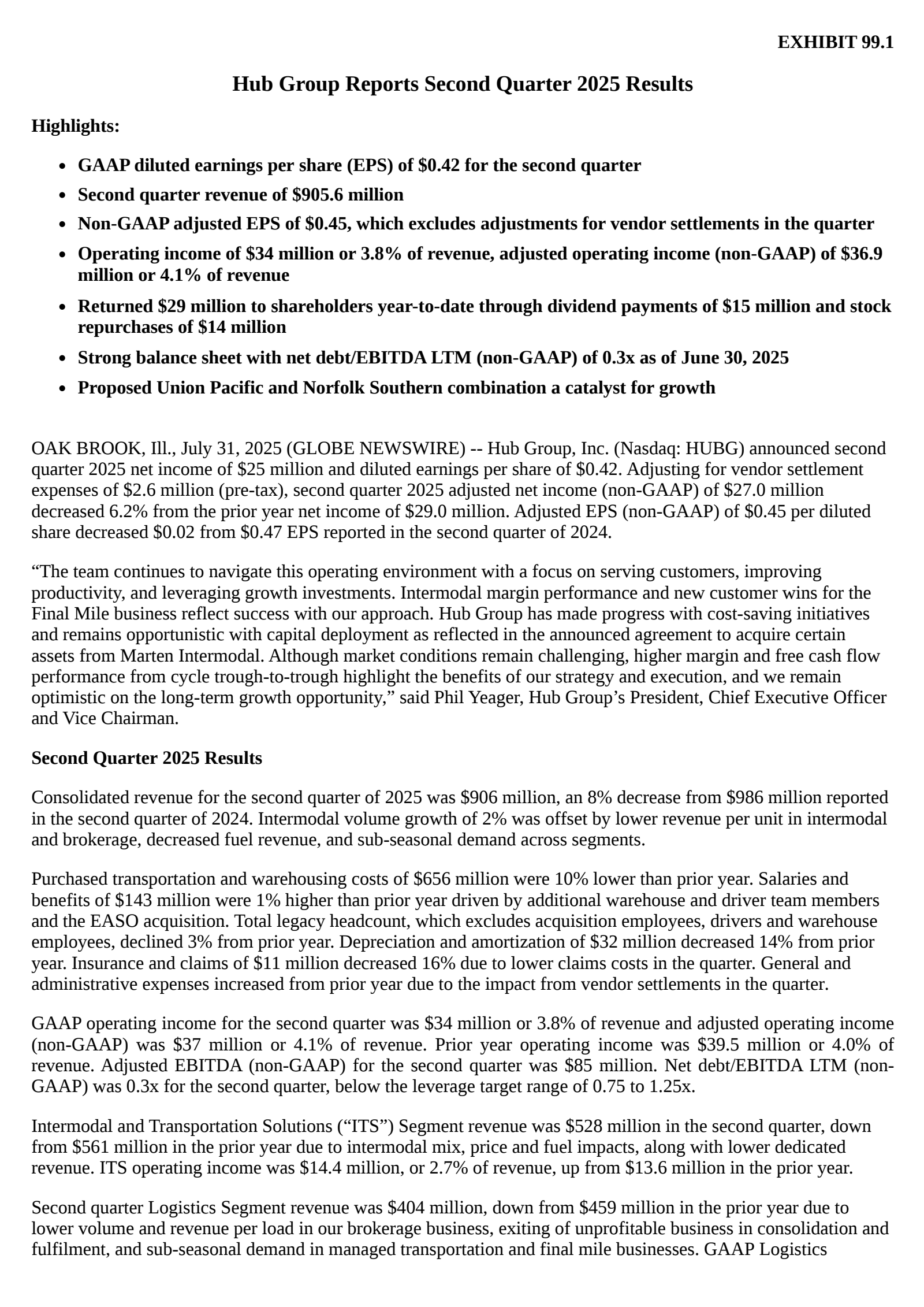 Hub Group's Q2 2025 Press Release
