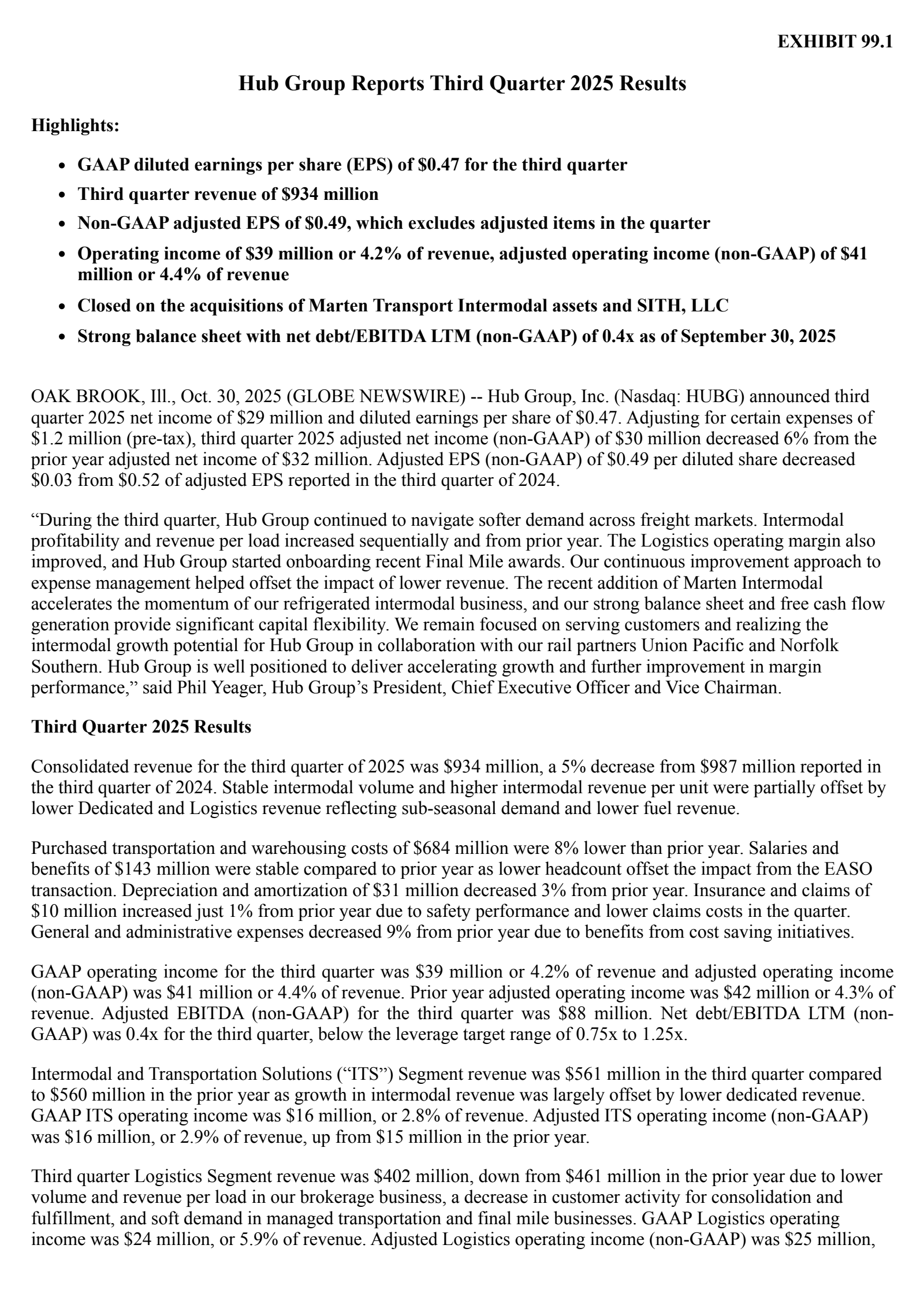 Hub Group's Q3 2025 Earnings Release