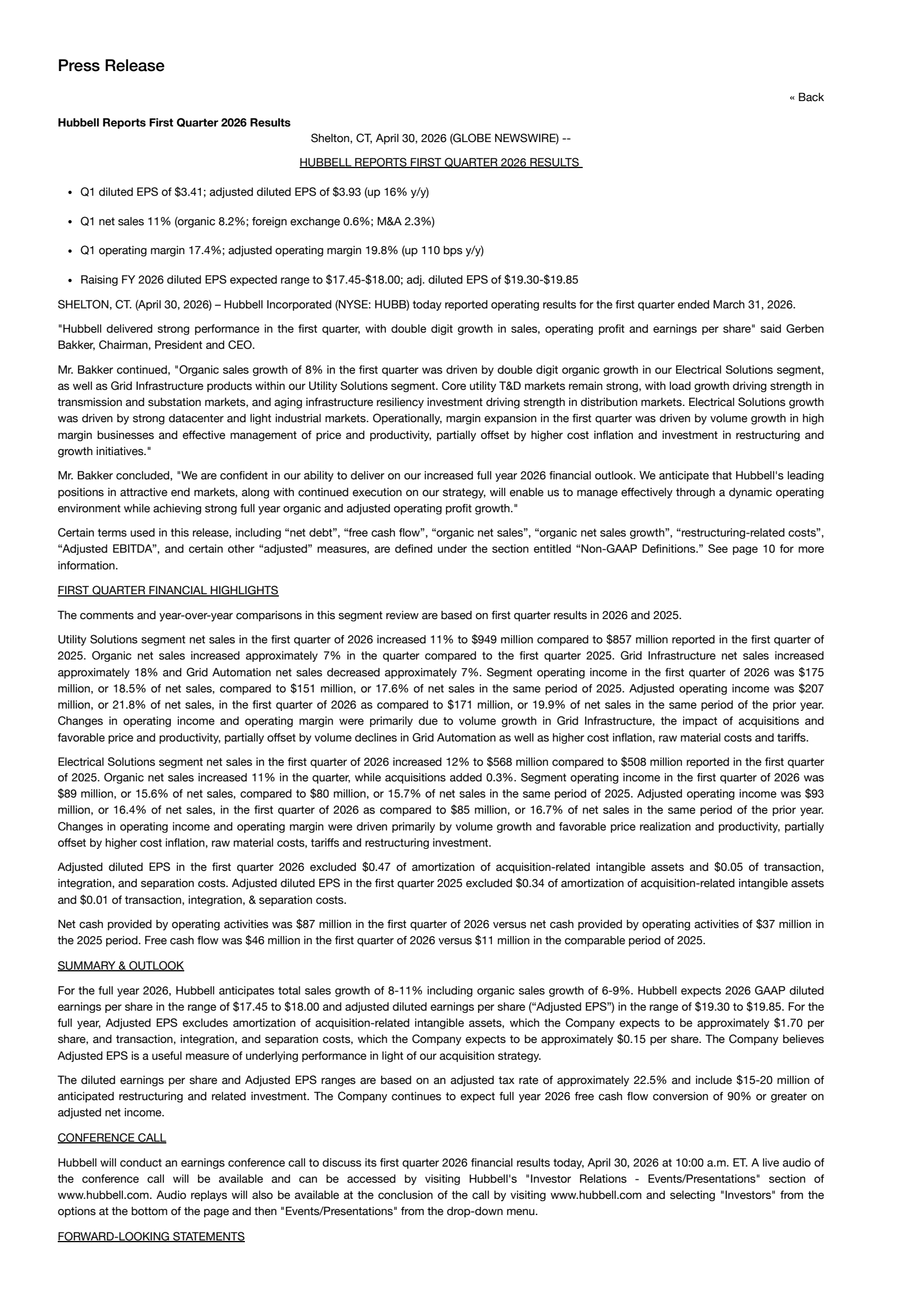 Hubbell's Q1 2026 Press Release