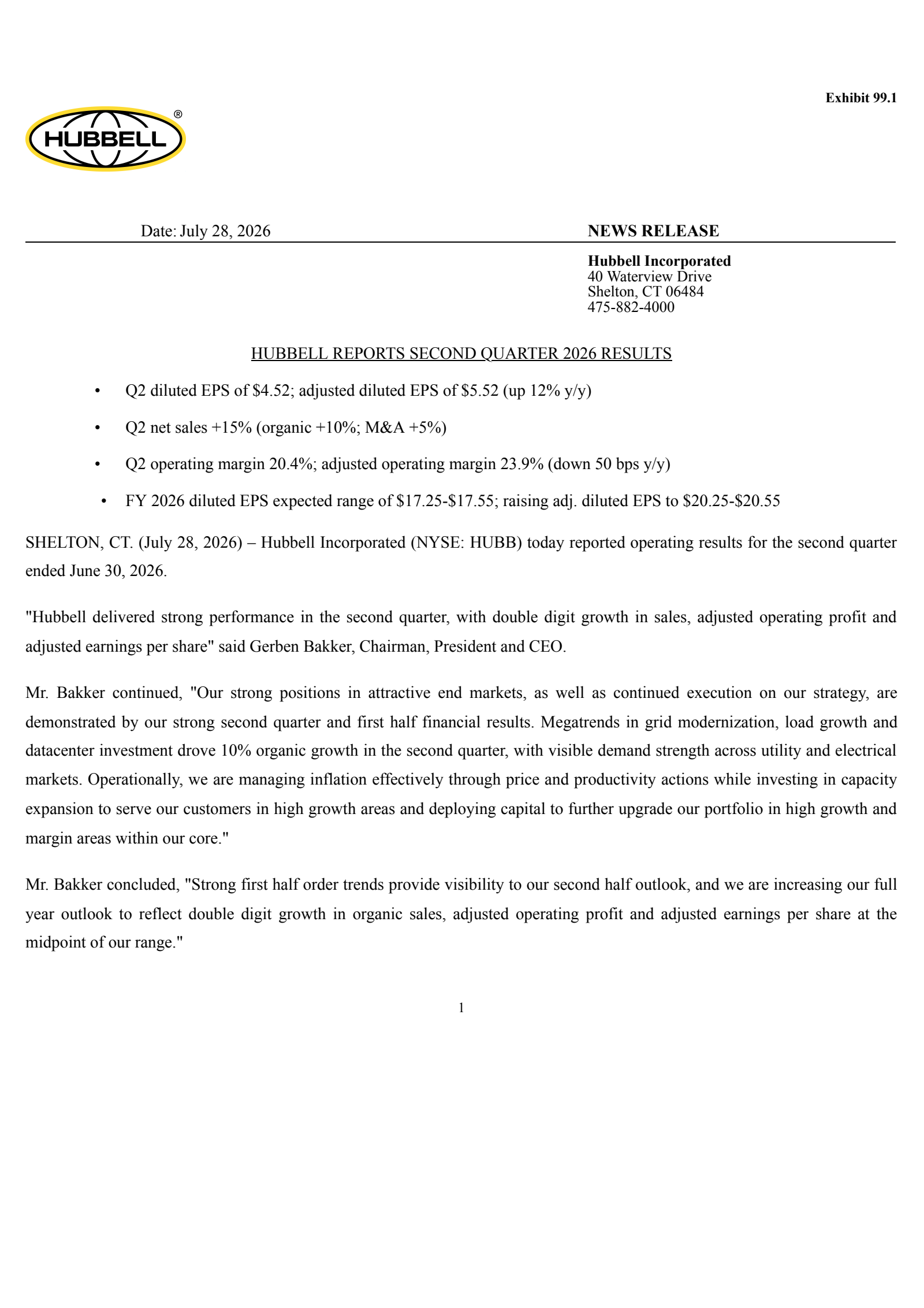 Hubbell's Q2 2026 Press Release