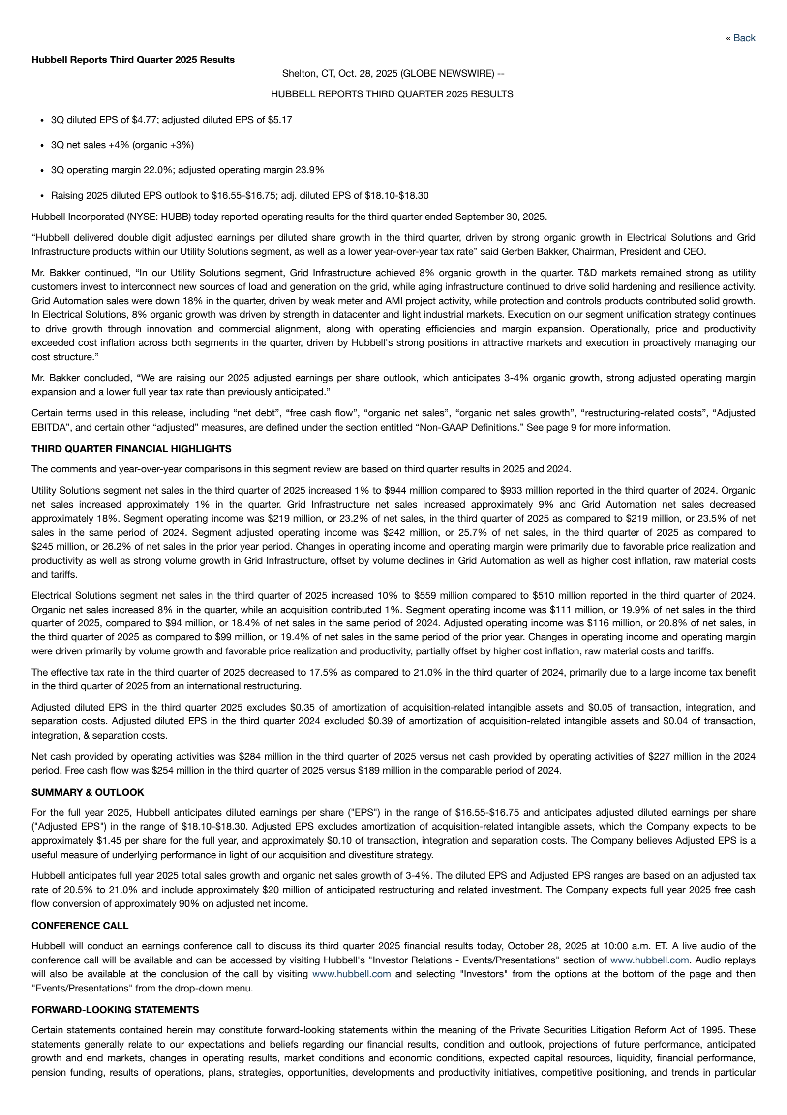 Hubbell's Q3 2025 Earnings Release