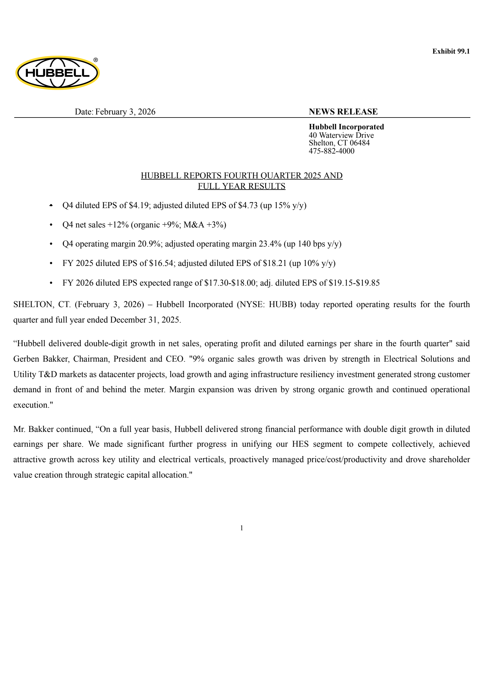 Hubbell's Q4 2025 Press Release