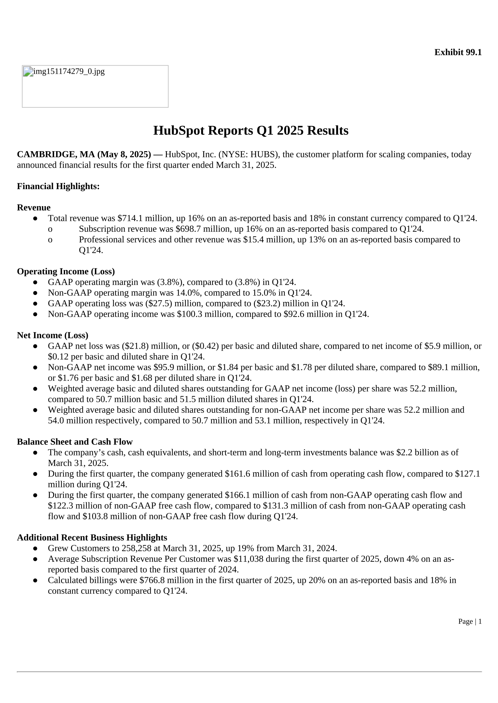 HubSpot's Q1 2025 Press Release