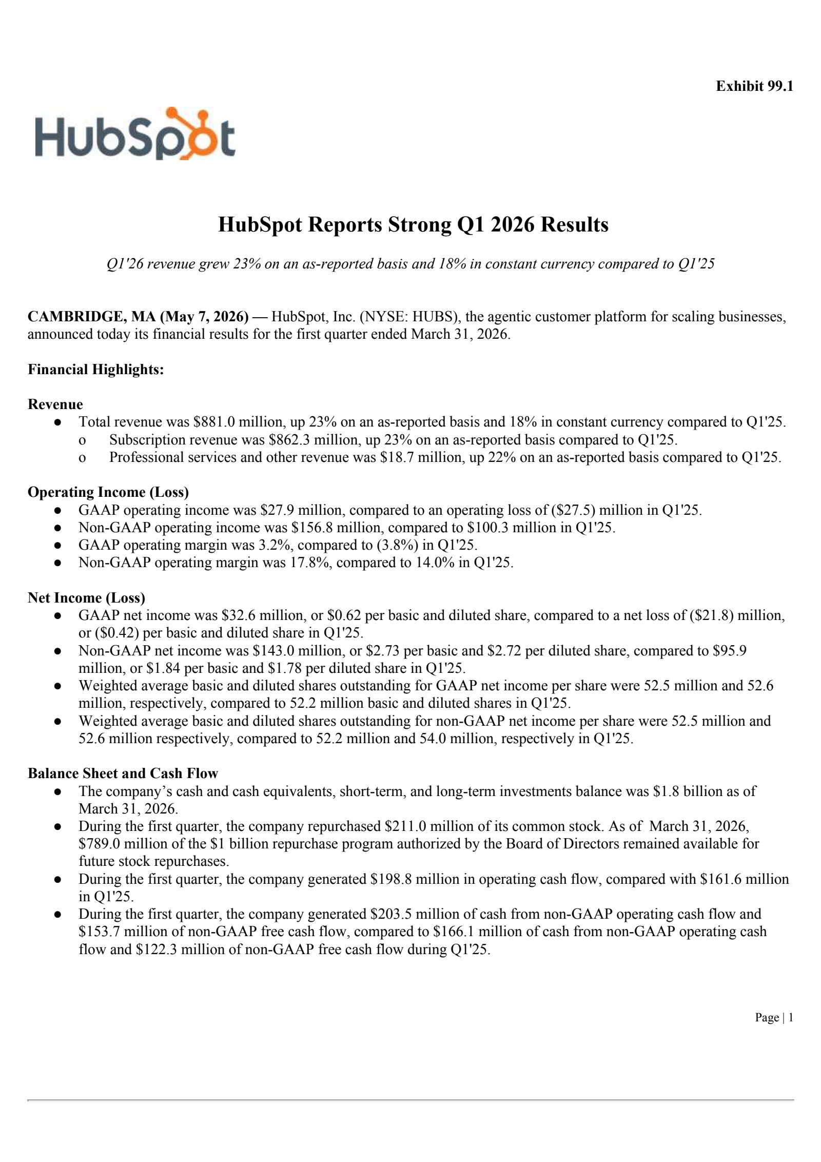 HubSpot's Q1 2026 Press Release