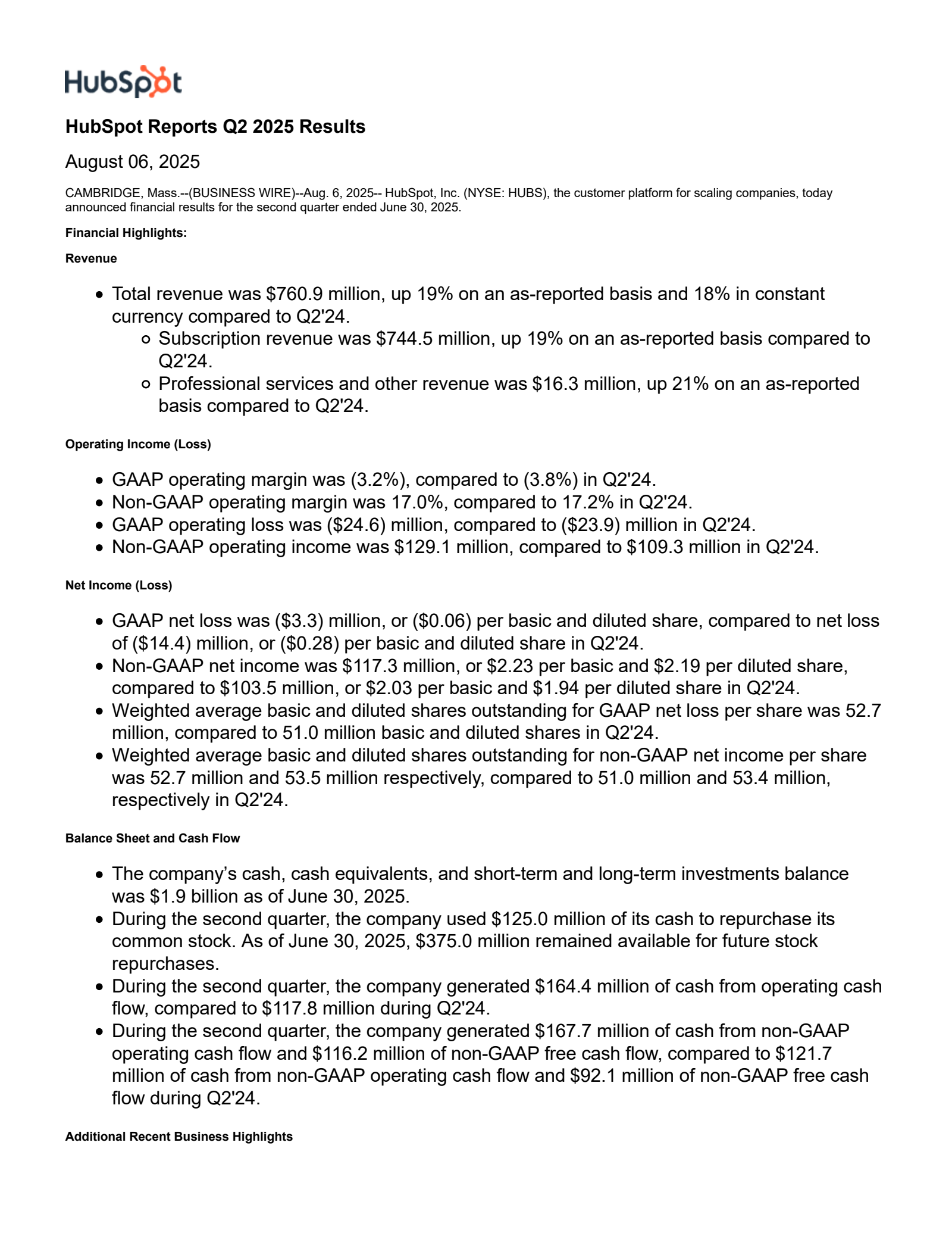 HubSpot's Q2 2025 Press Release