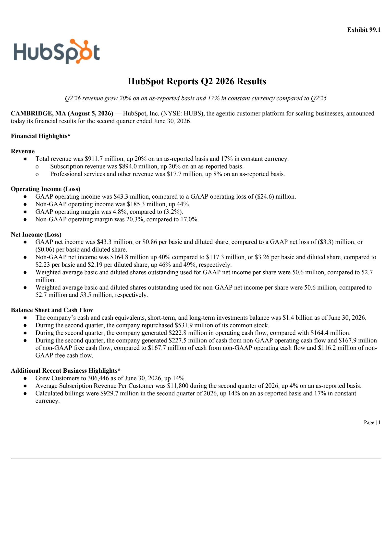 HubSpot's Q2 2026 Press Release