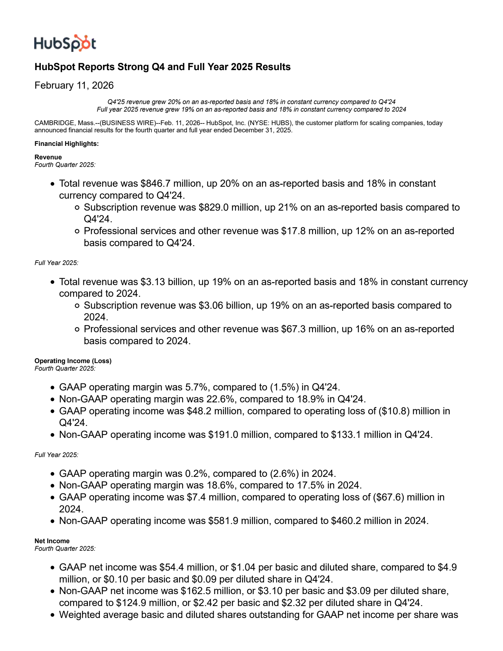 HubSpot's Q4 2025 Press Release