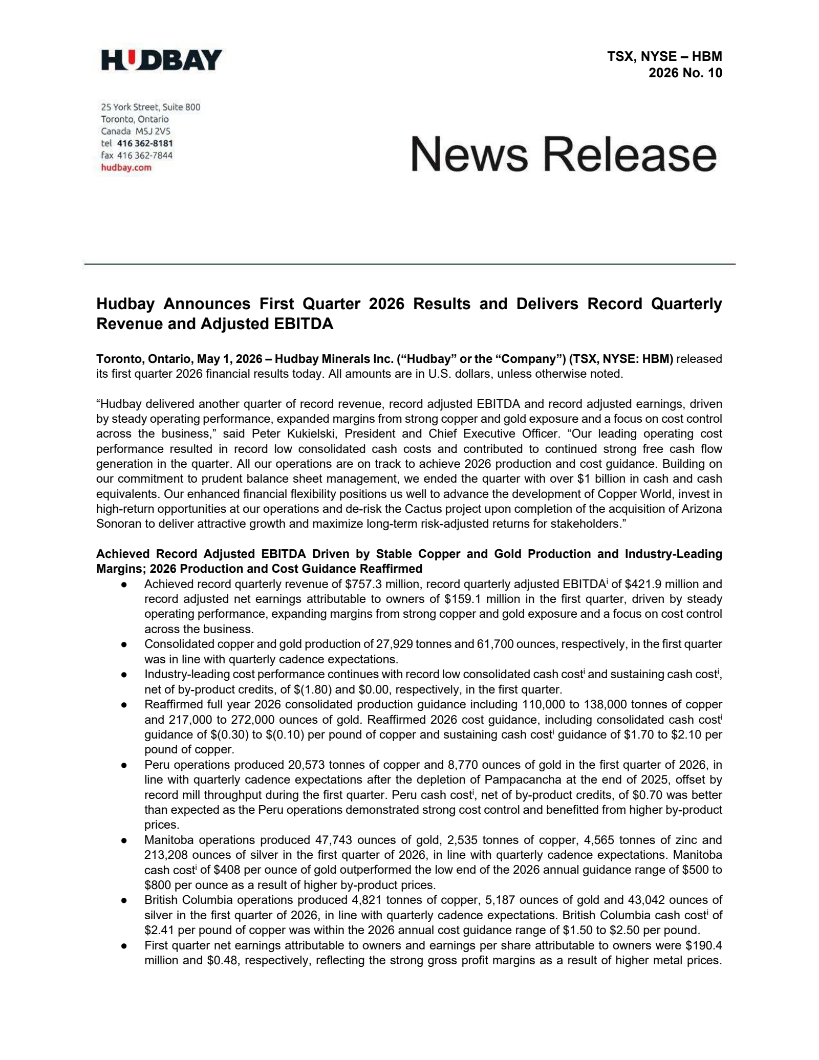 HudBay Minerals' Q1 2026 Press Release