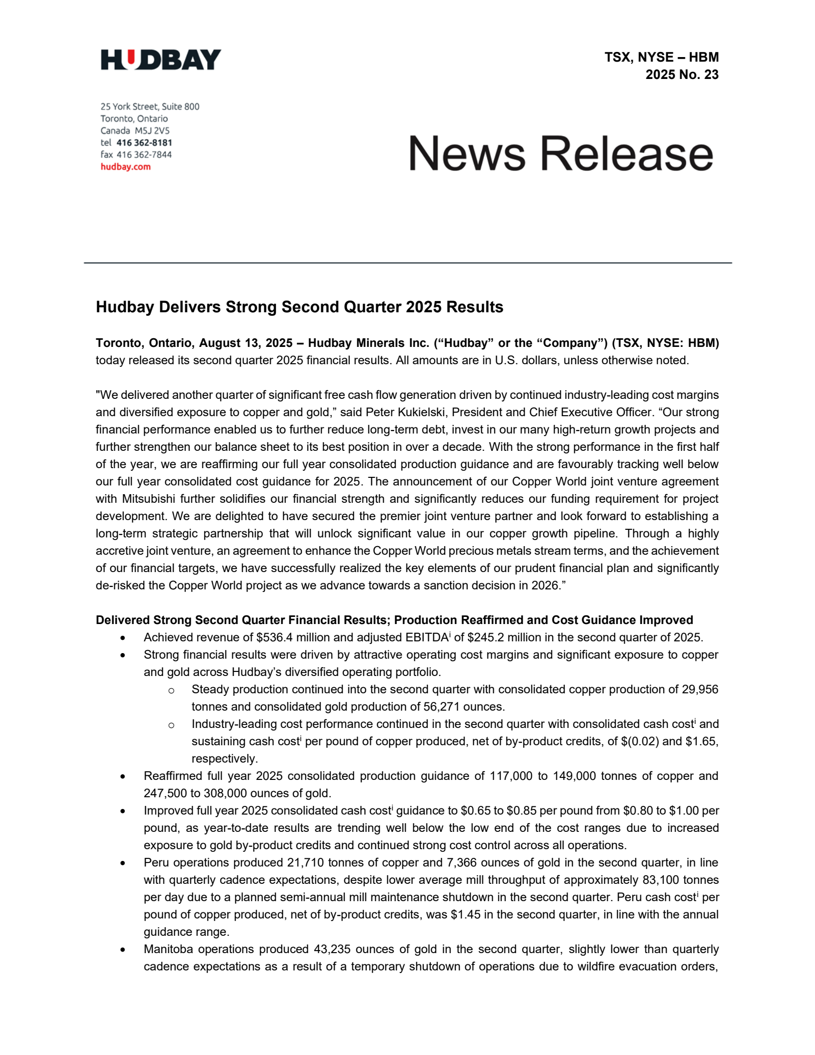 HudBay Minerals' Q2 2025 Press Release