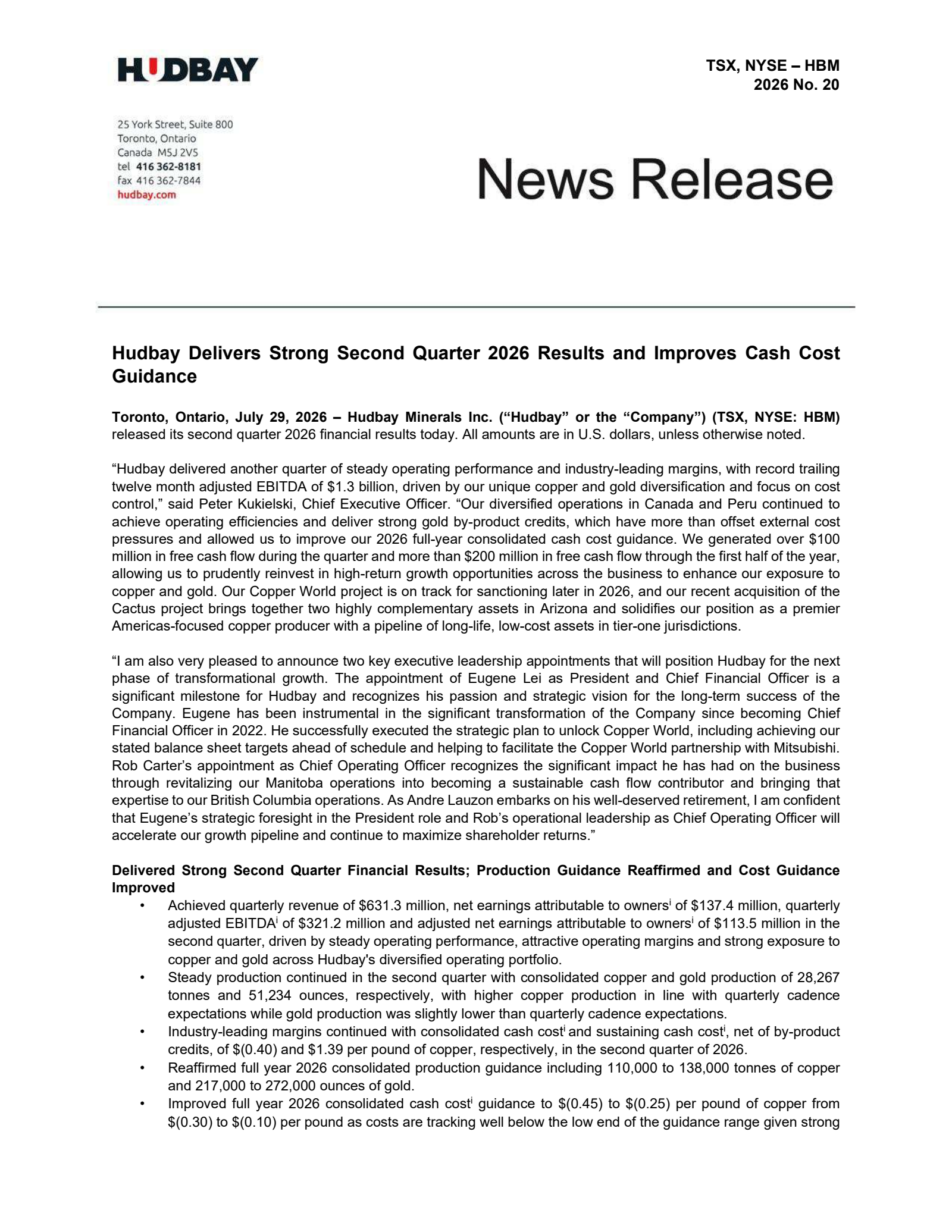 HudBay Minerals' Q2 2026 Press Release