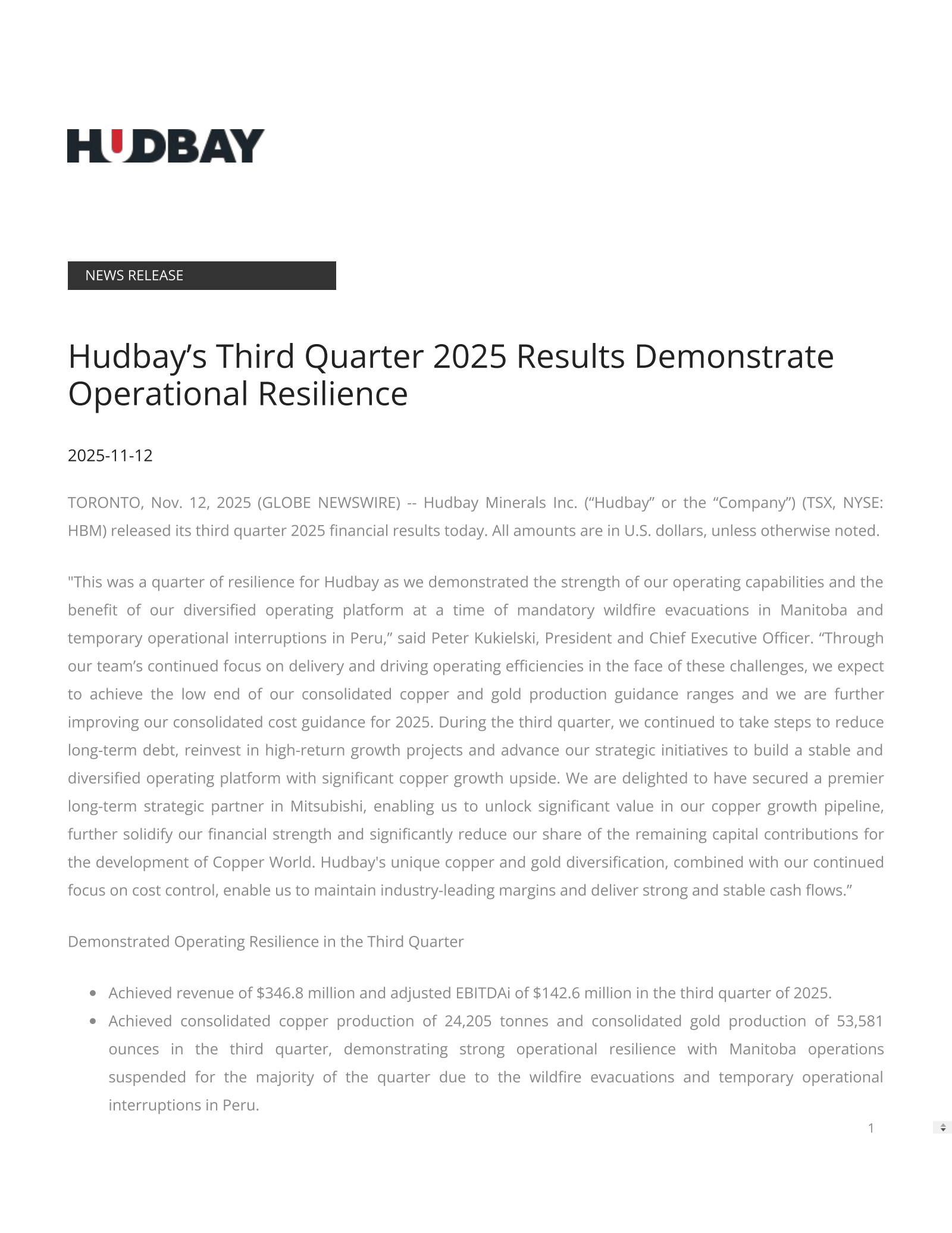 HudBay Minerals' Q3 2025 Earnings Release