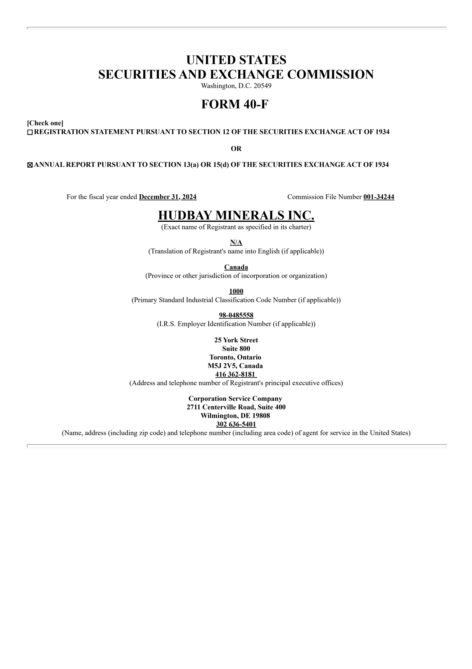 HudBay Minerals' Q4 2024 Annual report