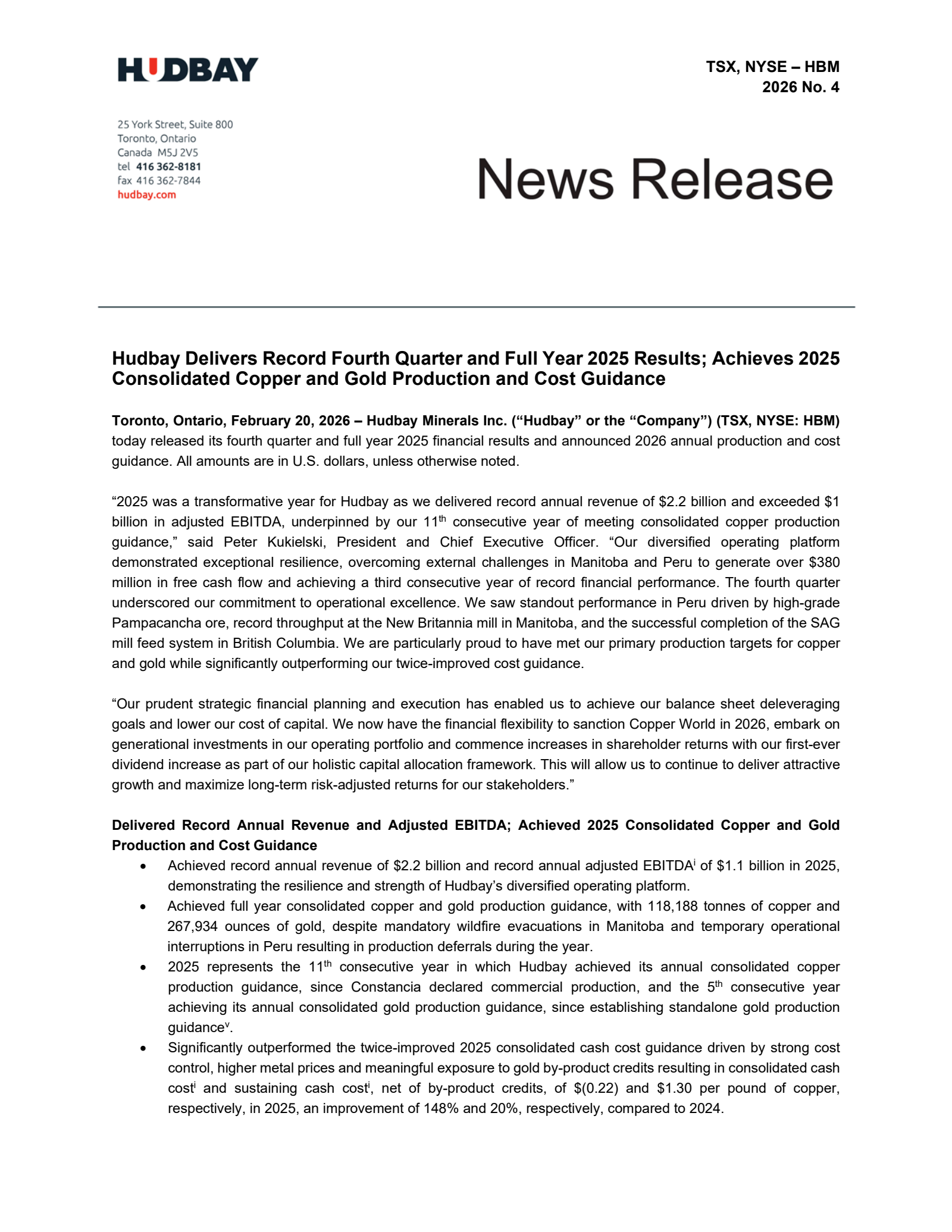 HudBay Minerals' Q4 2025 Press Release